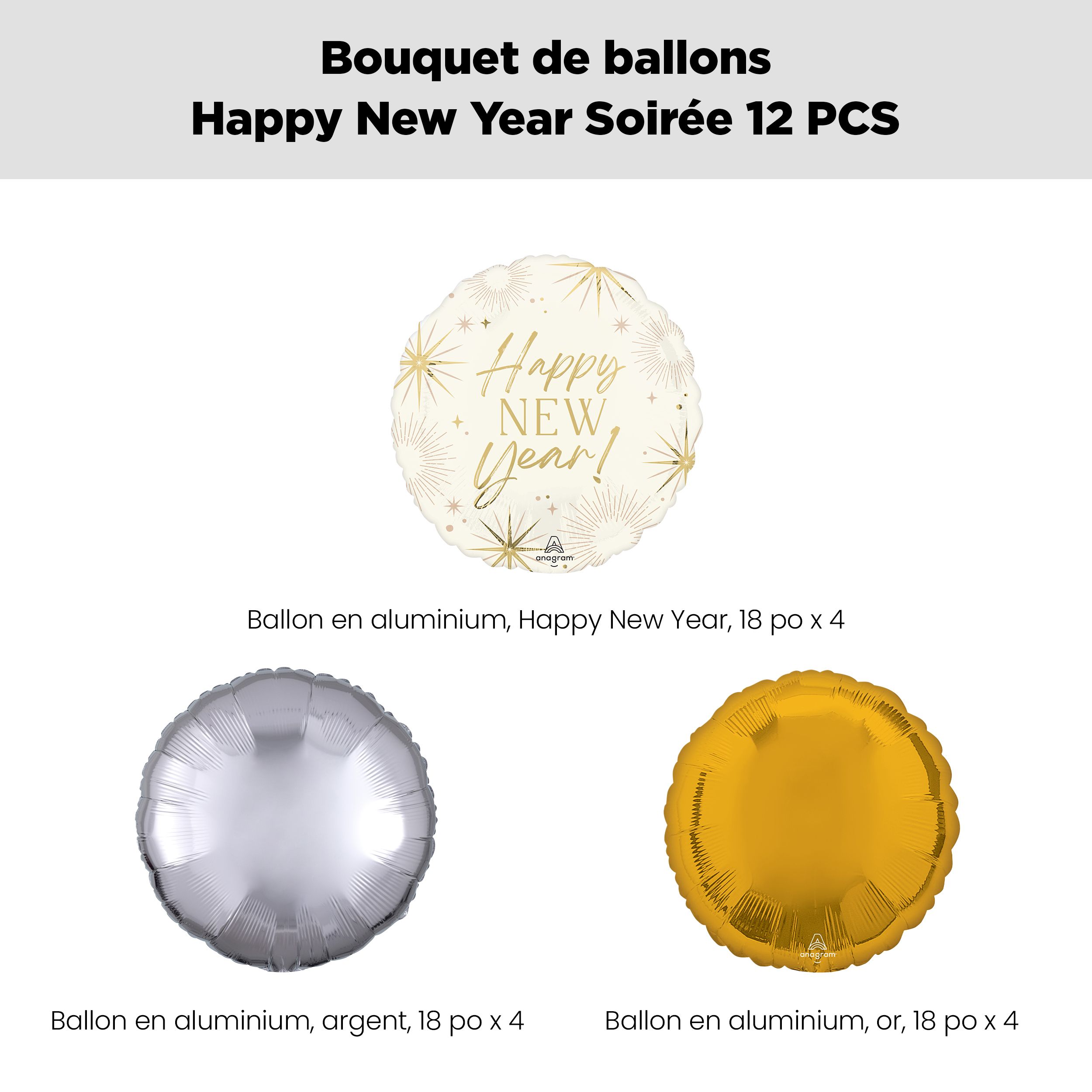 Happy New Year! Bouquet de ballons soirée en or avec ballons ronds en aluminium doré/argenté, paq. 12, gonflage à l'hélium et ruban inclus Front_Flat
