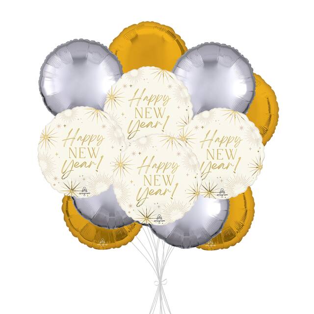 "Happy New Year!" Golden Soiree Balloon Bouquet with Round Foil Balloons, Silver/Gold, 12-pk, Helium Inflation & Ribbon Included Front_Flat