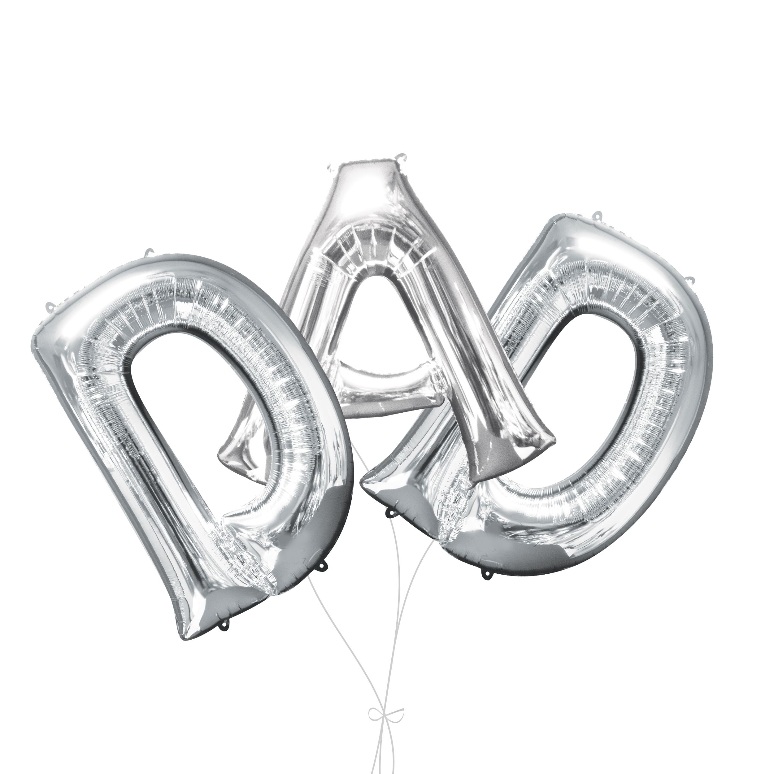 “DAD” Foil Letter Balloon Bouquet, Silver, 3-pk, Helium Inflation & Ribbon Included for Father's Day Front_Flat