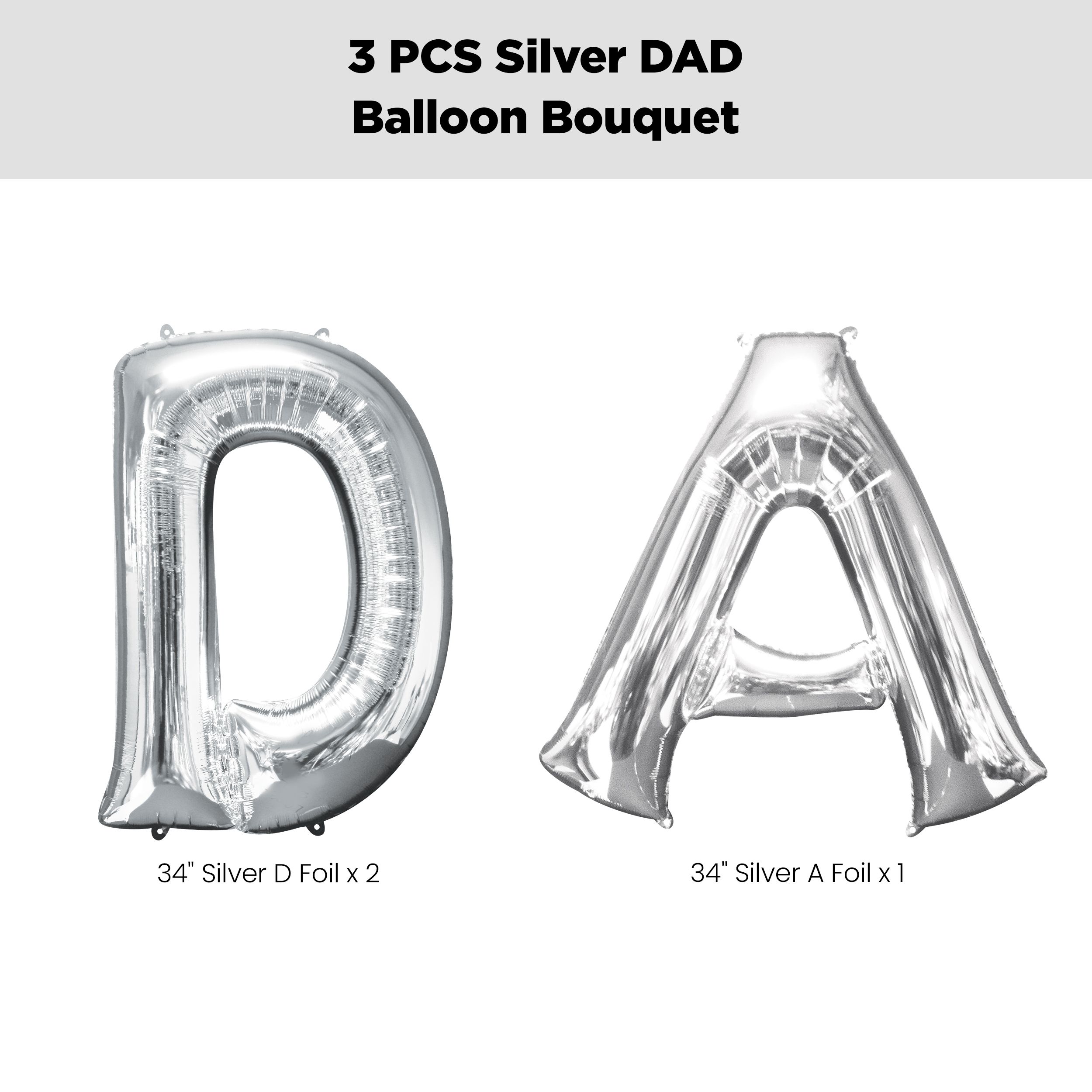 “DAD” Foil Letter Balloon Bouquet, Silver, 3-pk, Helium Inflation & Ribbon Included for Father's Day Front_Flat