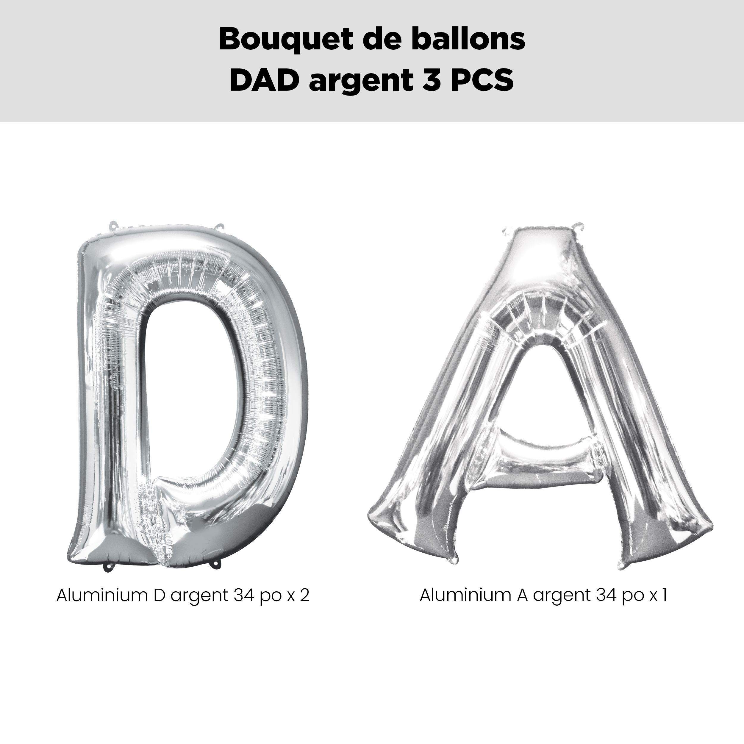 Bouquet de ballons argentés en lettres métalliques DAD, paq.&nbsp;3, gonflage à l’hélium et ruban compris pour la fête des Pères Front_Flat