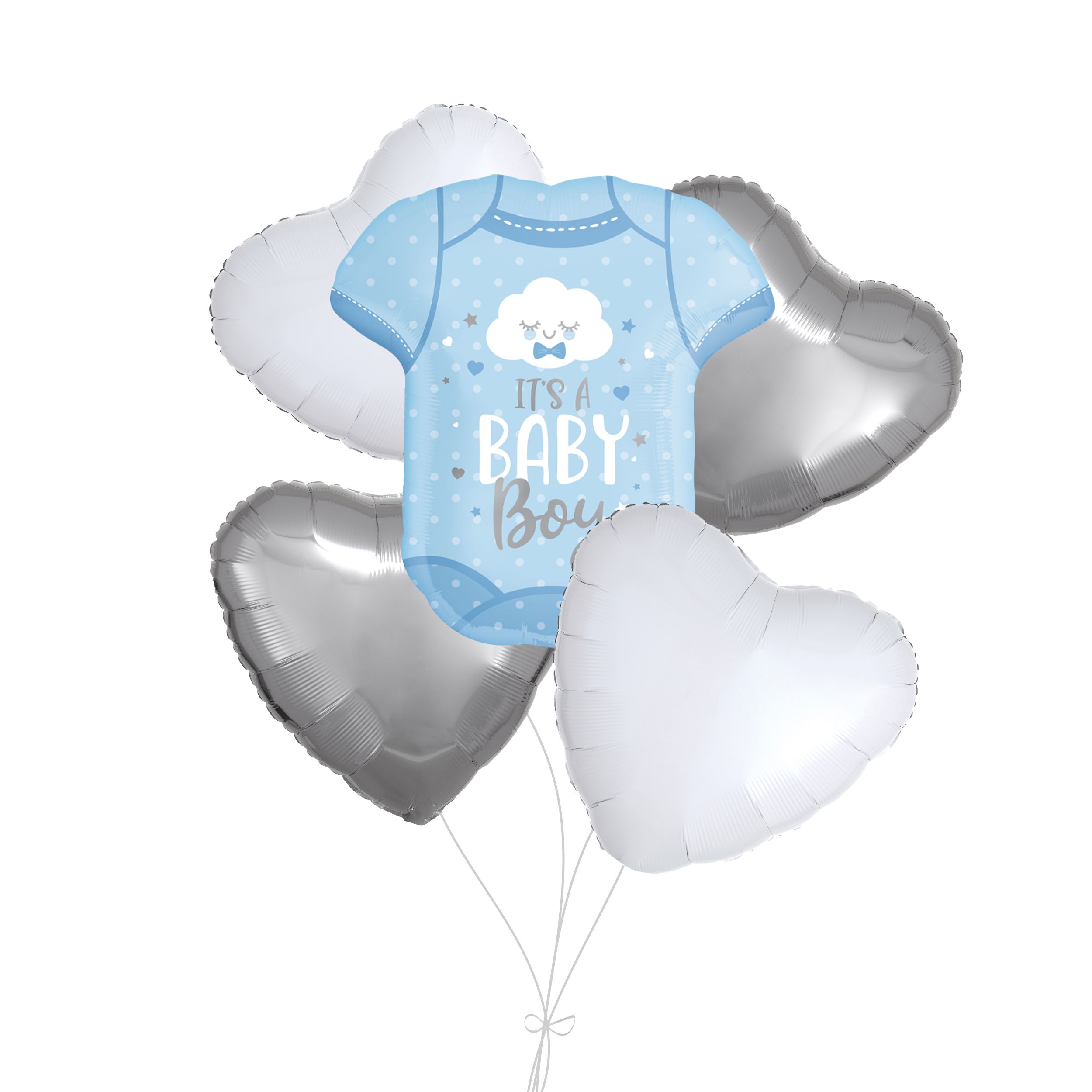 "It’s a Baby Boy" Onesie Supershape Balloon Bouquet with Heart Foil Balloons, White/Silver, 5-pk, Helium Inflation & Ribbon Included for Baby Shower Front_Flat