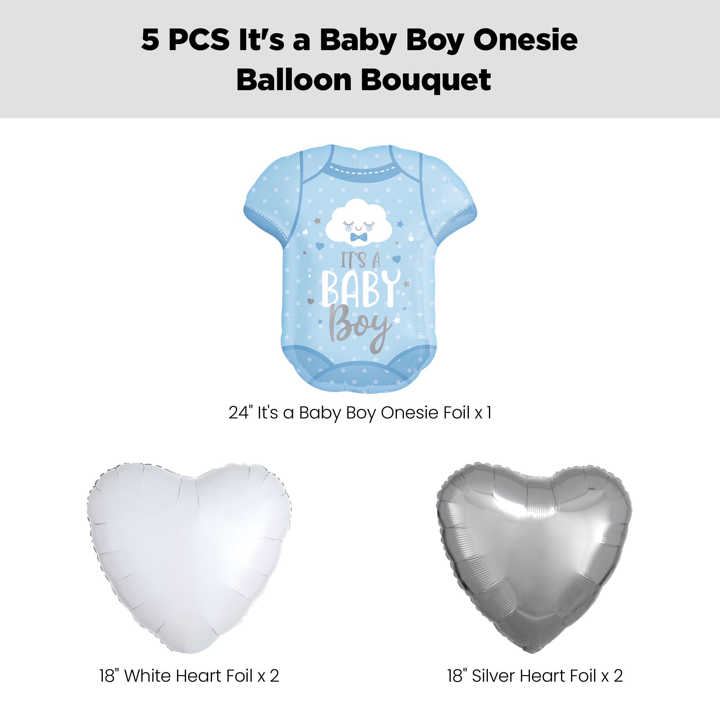 "It’s a Baby Boy" Onesie Supershape Balloon Bouquet with Heart Foil Balloons, White/Silver, 5-pk, Helium Inflation & Ribbon Included for Baby Shower Front_Flat