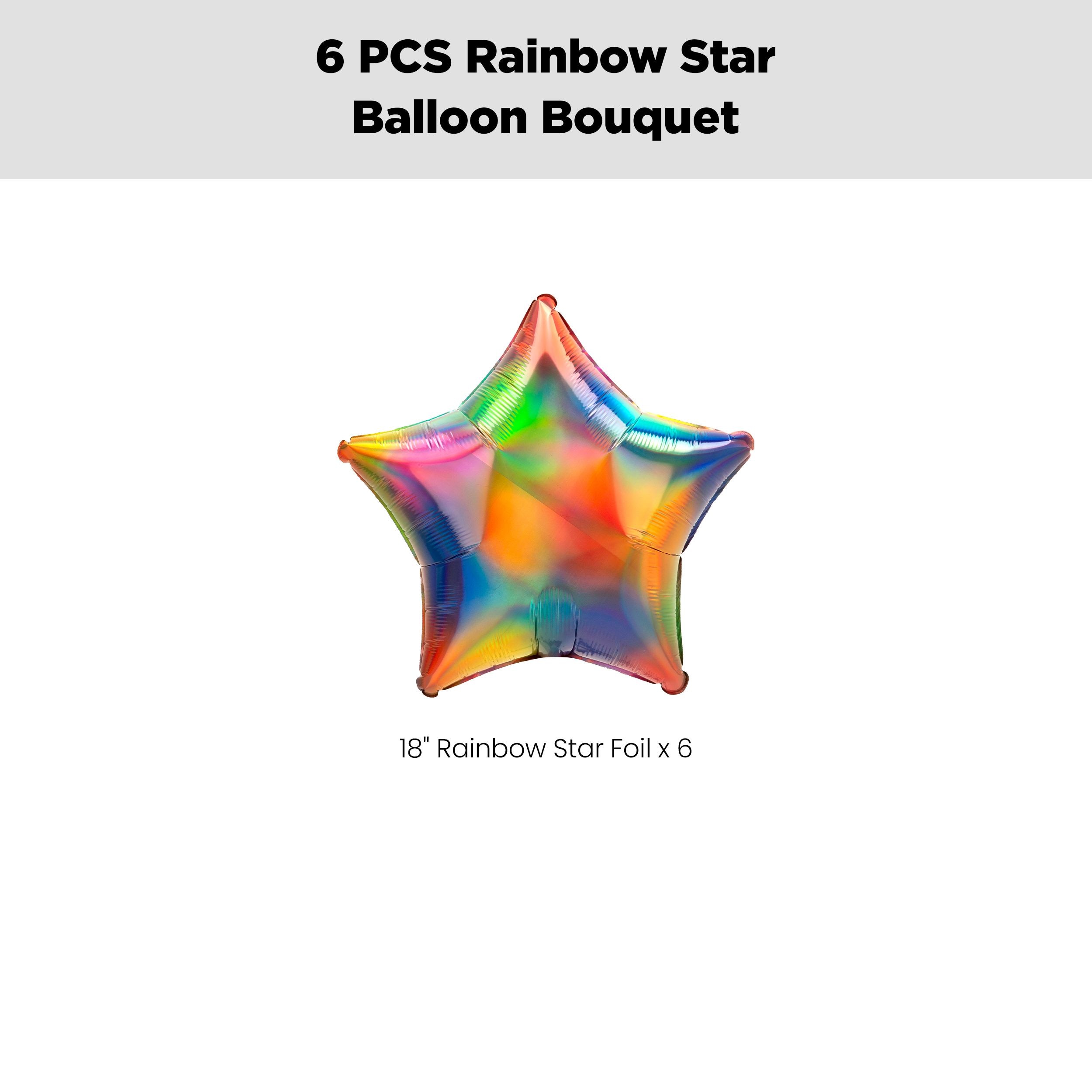 Star Foil Balloon Bouquet, Rainbow, 6-pk, Helium Inflation & Ribbon Included for Birthday/Special Occasion Front_Flat