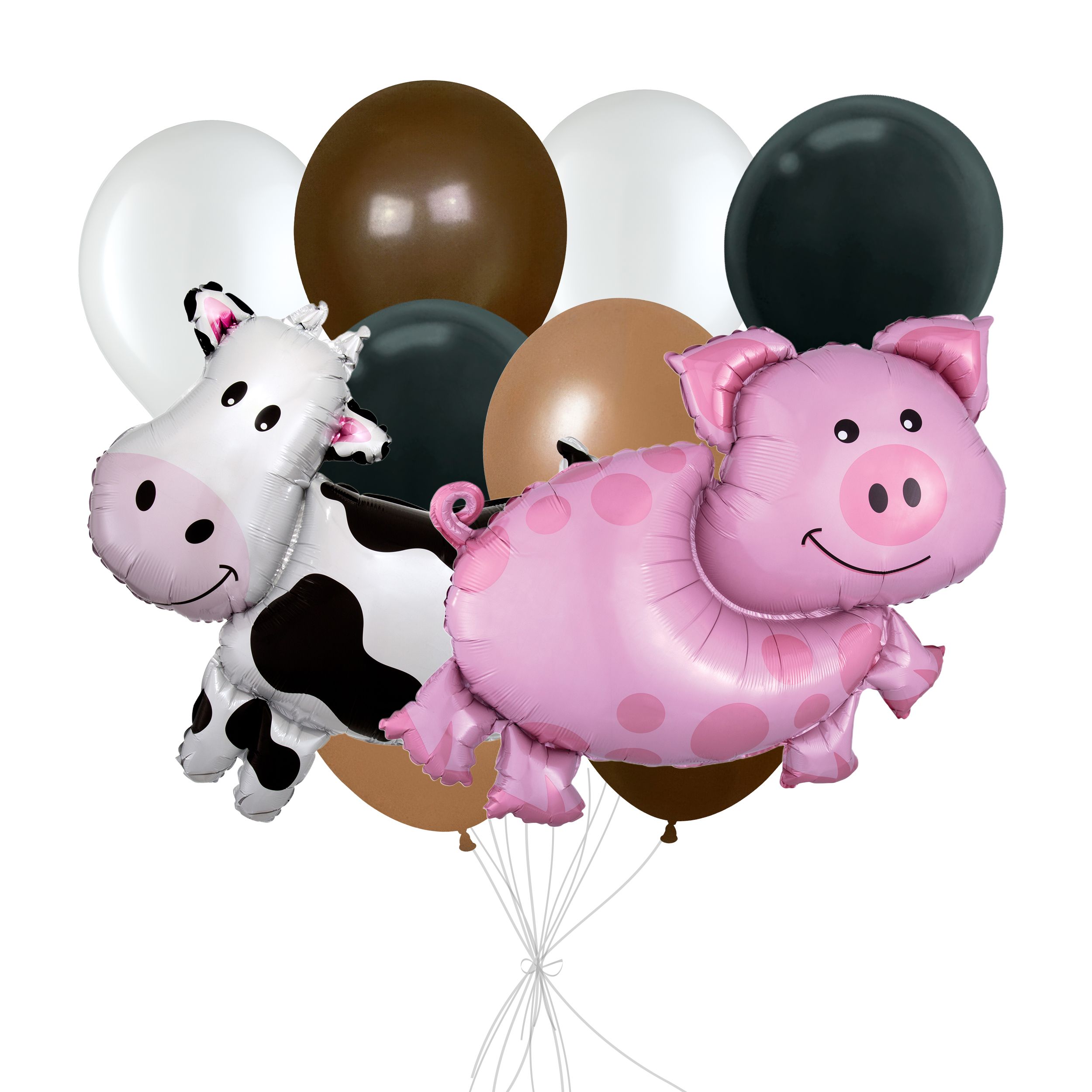 Cute Farm Animals Pig & Cow Supershape Balloon Bouquet with Latex Balloons, White/Black/Khaki/Chocolate Brown, 10-pk, Helium Inflation & Ribbon Included for Birthday/Special Occasion Front_Flat