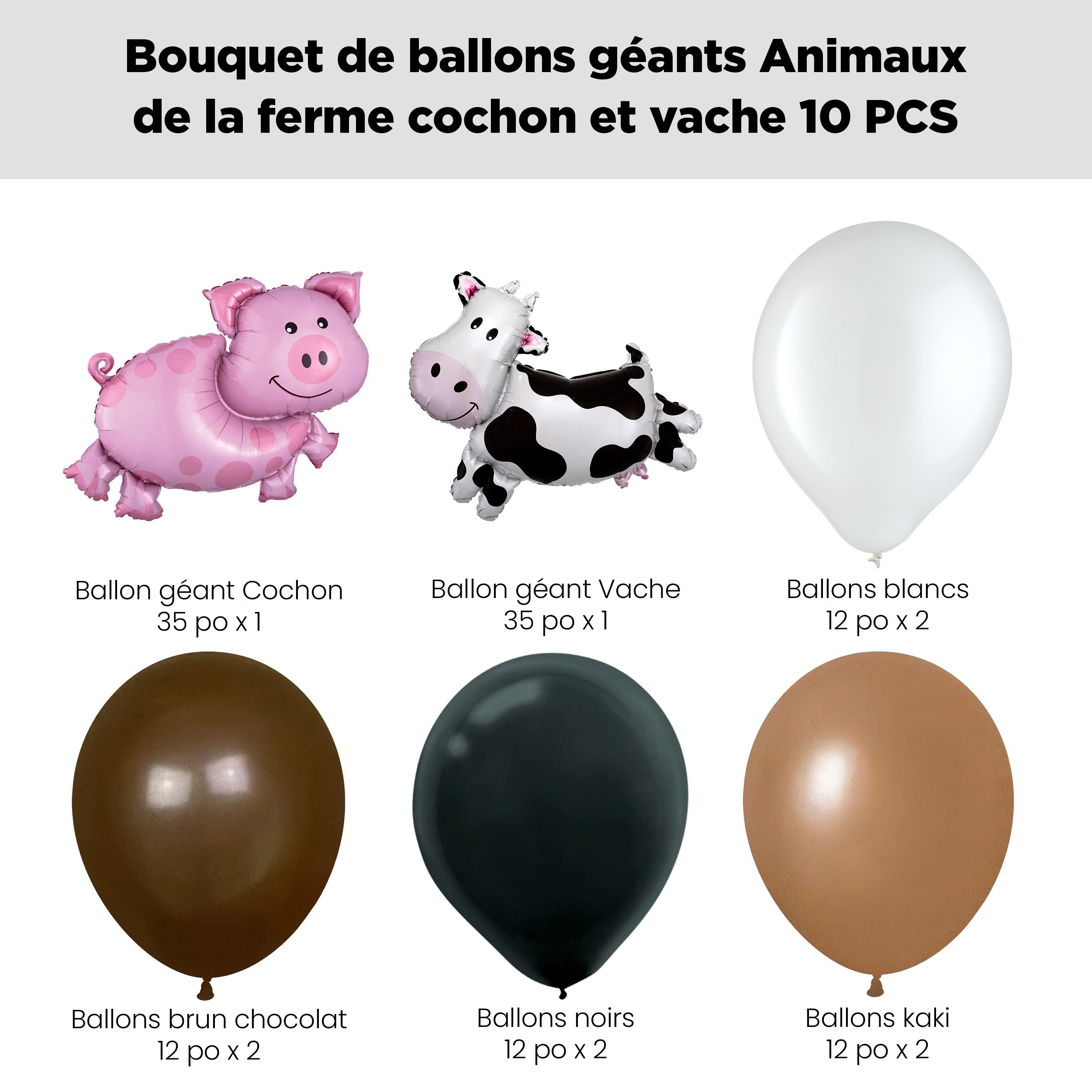 Bouquet de ballons Animaux de la ferme avec ballons Supershape, cochon et vache, et ballons en latex, blanc, noir, kaki et brun chocolat, paq. 10, gonflage à l’hélium et ruban compris, pour anniversaire/occasion spéciale Front_Flat