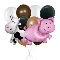 Bouquet de ballons Animaux de la ferme avec ballons Supershape, cochon et vache, et ballons en latex, blanc, noir, kaki et brun chocolat, paq. 10, gonflage à l’hélium et ruban compris, pour anniversaire/occasion spéciale Front_Flat