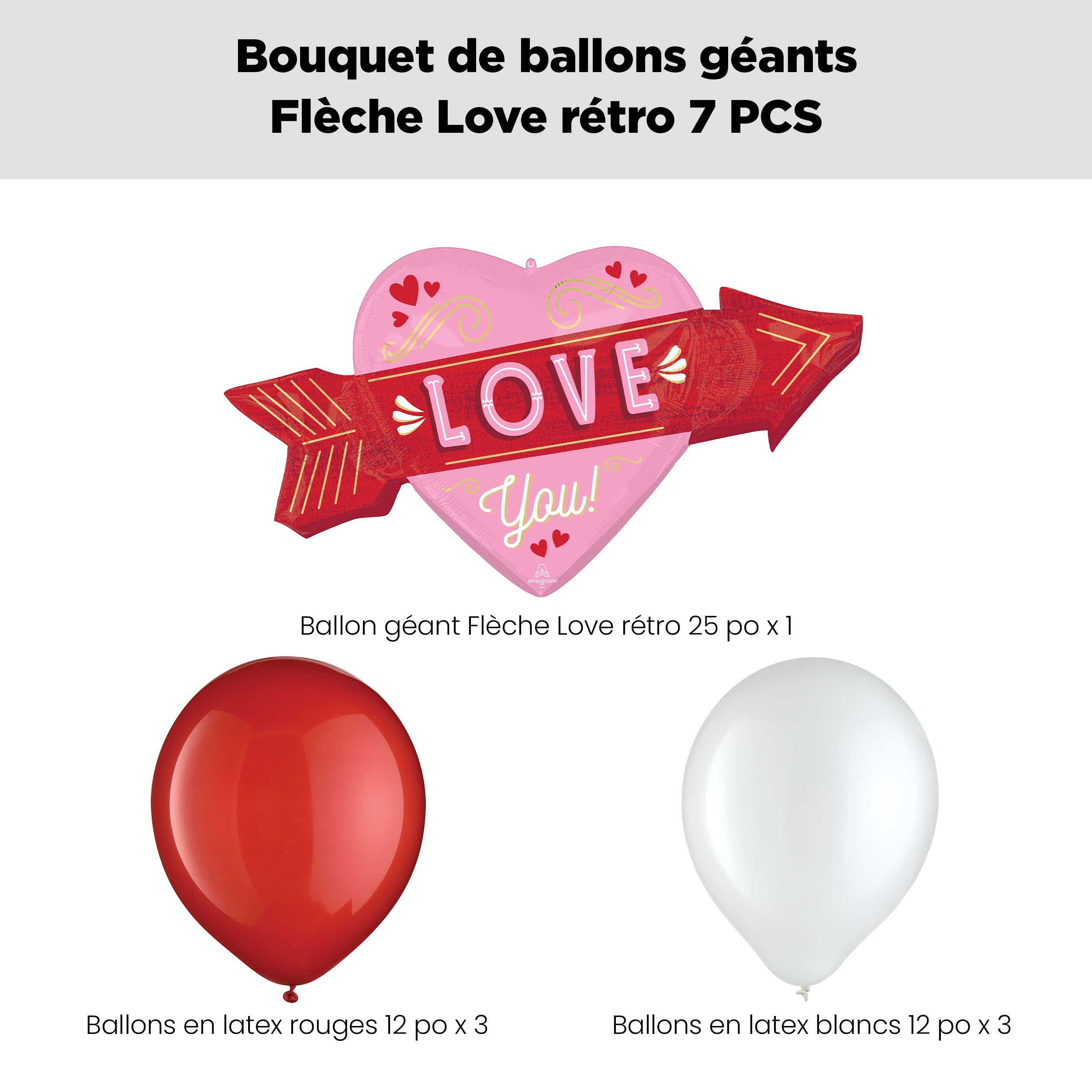 “Love You!” Retro Arrow Supershape Balloon Bouquet with Latex Balloons, Red/White, 7-pk, Helium Inflation & Ribbon Included for Valentine's Day/Anniversary Front_Flat