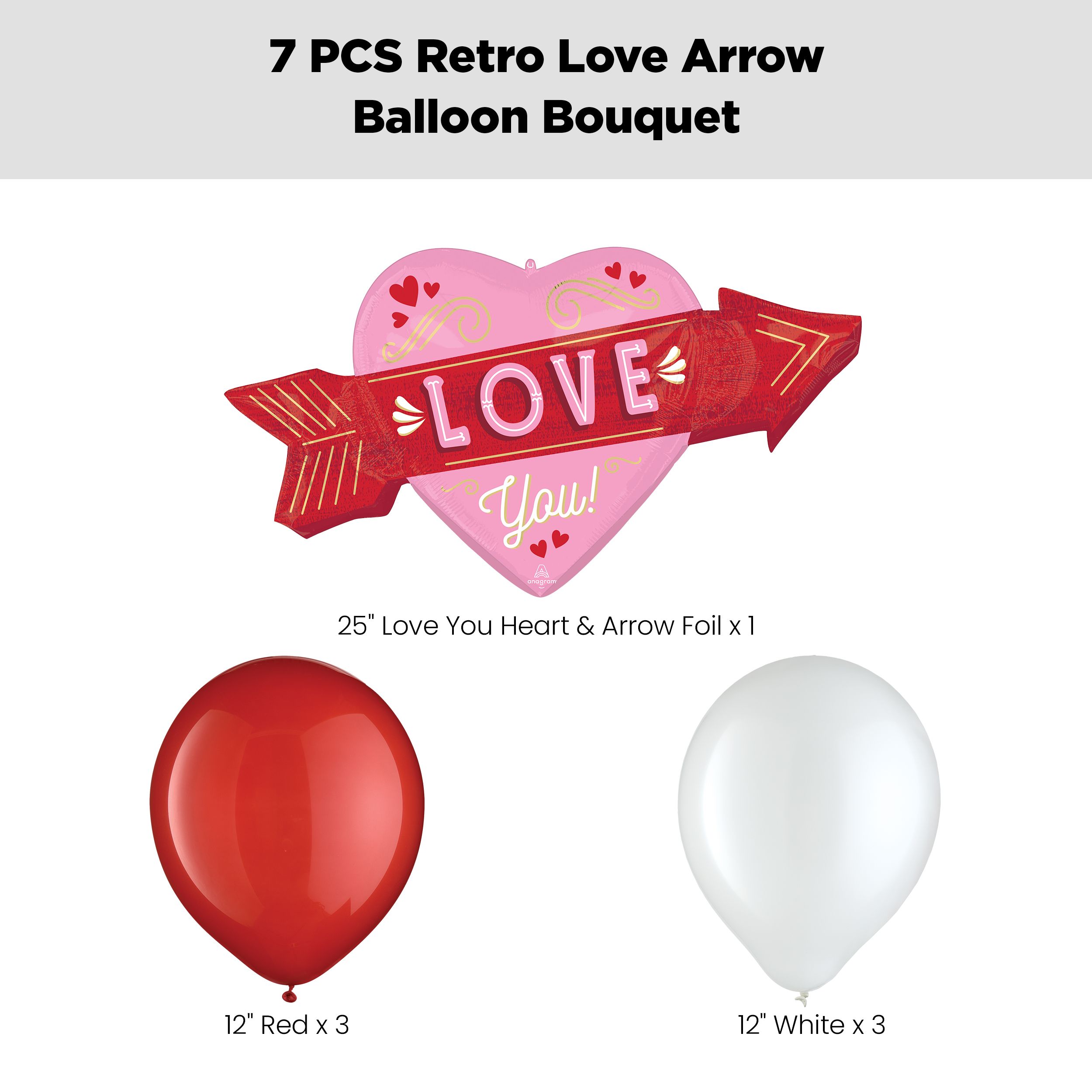 “Love You!” Retro Arrow Supershape Balloon Bouquet with Latex Balloons, Red/White, 7-pk, Helium Inflation & Ribbon Included for Valentine's Day/Anniversary Front_Flat