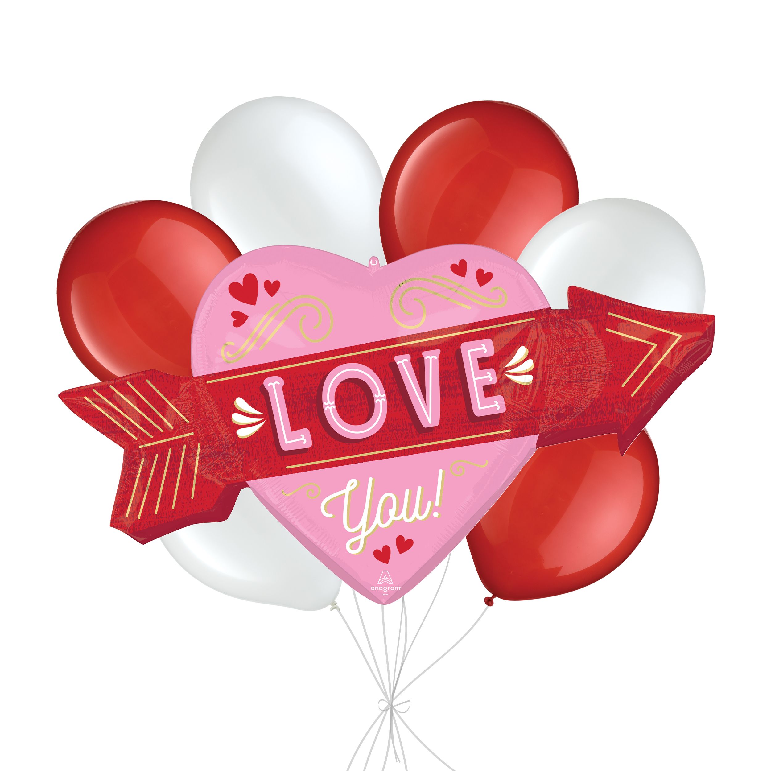 “Love You!” Retro Arrow Supershape Balloon Bouquet with Latex Balloons, Red/White, 7-pk, Helium Inflation & Ribbon Included for Valentine's Day/Anniversary Front_Flat