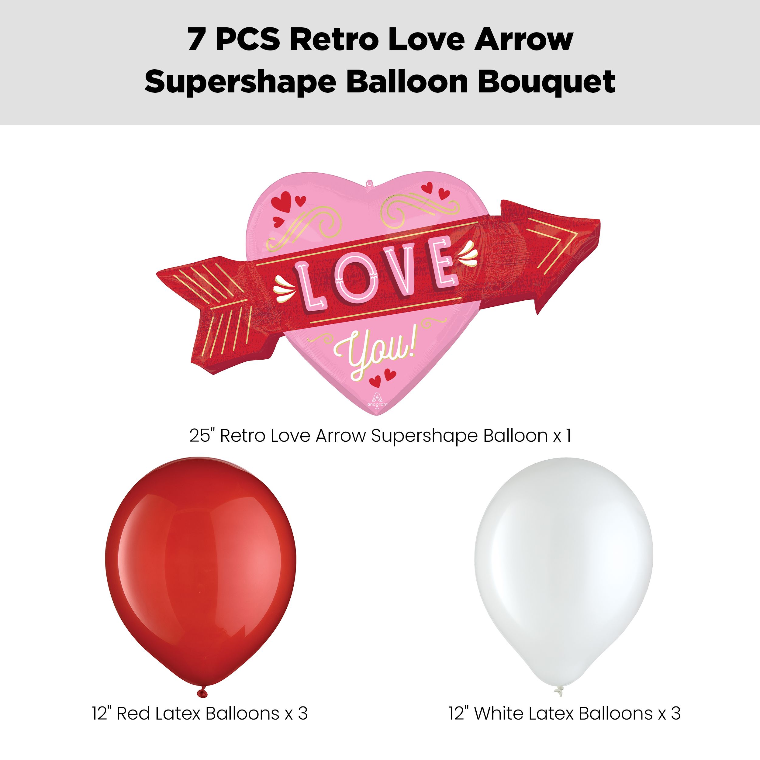 “Love You!” Retro Arrow Supershape Balloon Bouquet with Latex Balloons, Red/White, 7-pk, Helium Inflation & Ribbon Included for Valentine's Day/Anniversary Front_Flat