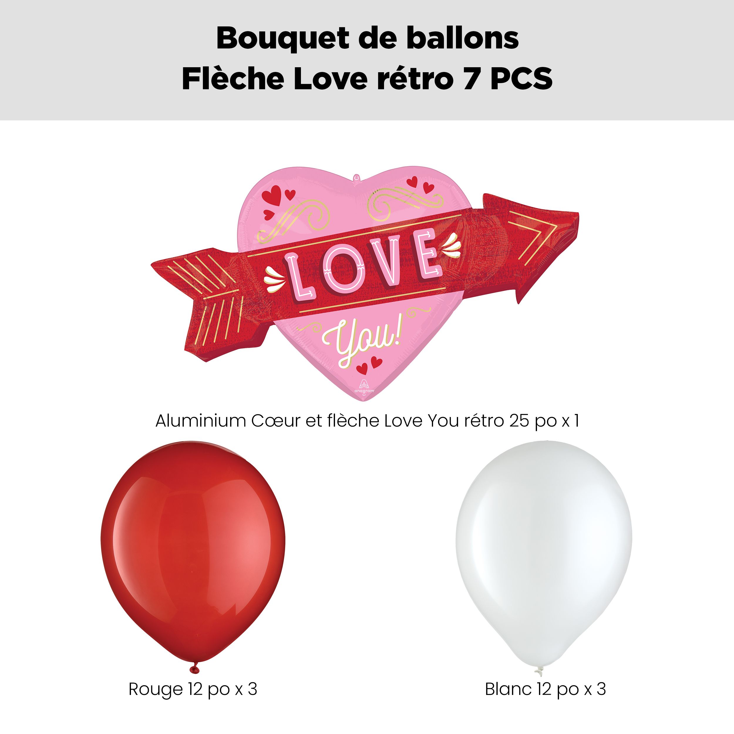 Bouquet de ballons de forme extraordinaire flèche d'amour rétro Love You! avec ballons en latex, rouge/blanc, paq. 7, gonflement à l'hélium et ruban inclus pour la Saint-Valentin/anniversaire Front_Flat