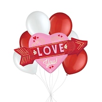 “Love You!” Retro Arrow Supershape Balloon Bouquet with Latex Balloons, Red/White, 7-pk, Helium Inflation & Ribbon Included for Valentine's Day/Anniversary Front_Flat