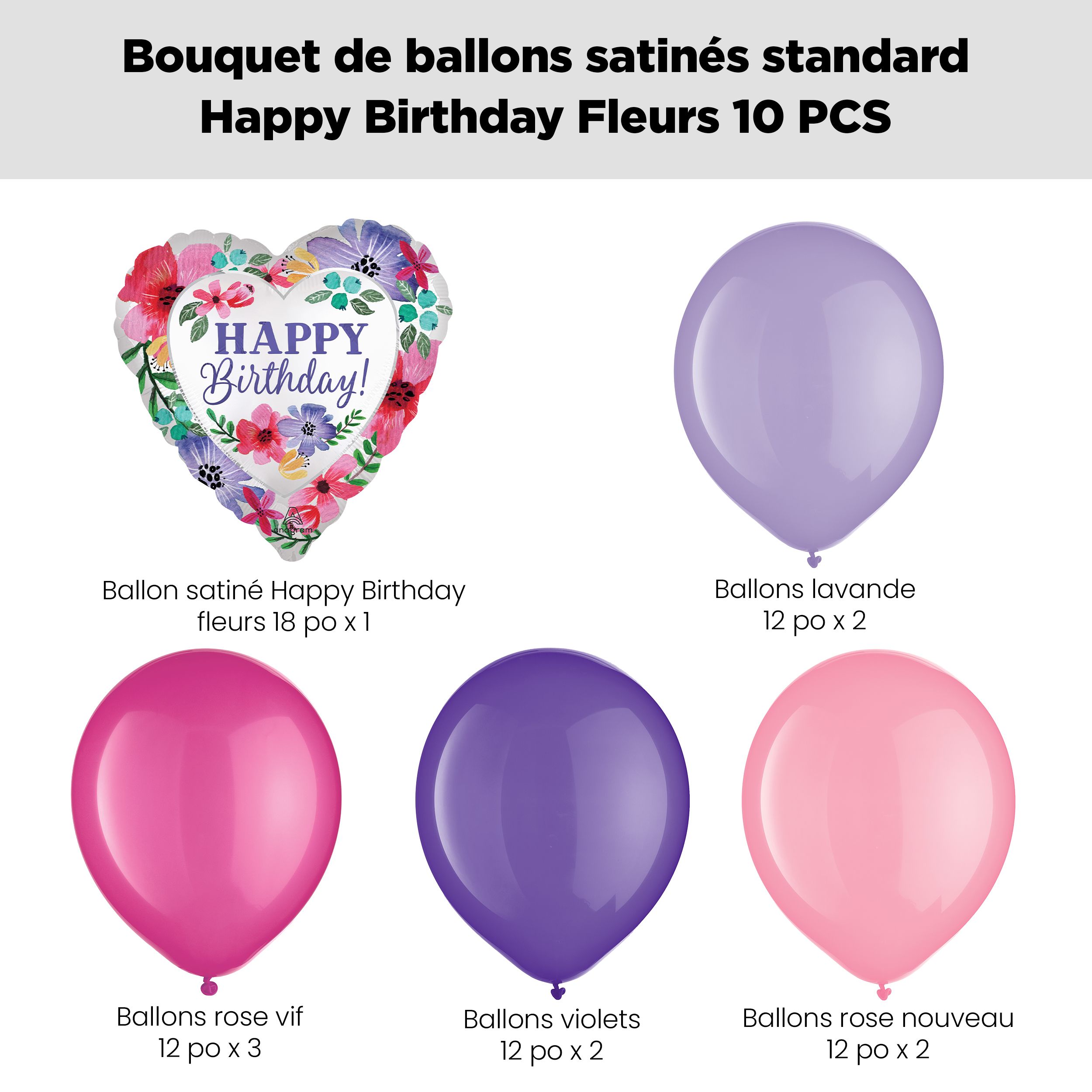 Bouquet de ballons avec ballon satiné floral « Happy Birthday! » et ballons en latex, lavande, rose, violet, paq. 10, gonflage à l’hélium et ruban compris Front_Flat