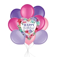 "Happy Birthday!" Satin Floral Balloon Bouquet with Latex Balloons, Lavender/Pink/Purple, 10-pk, Helium Inflation & Ribbon Included Front_Flat