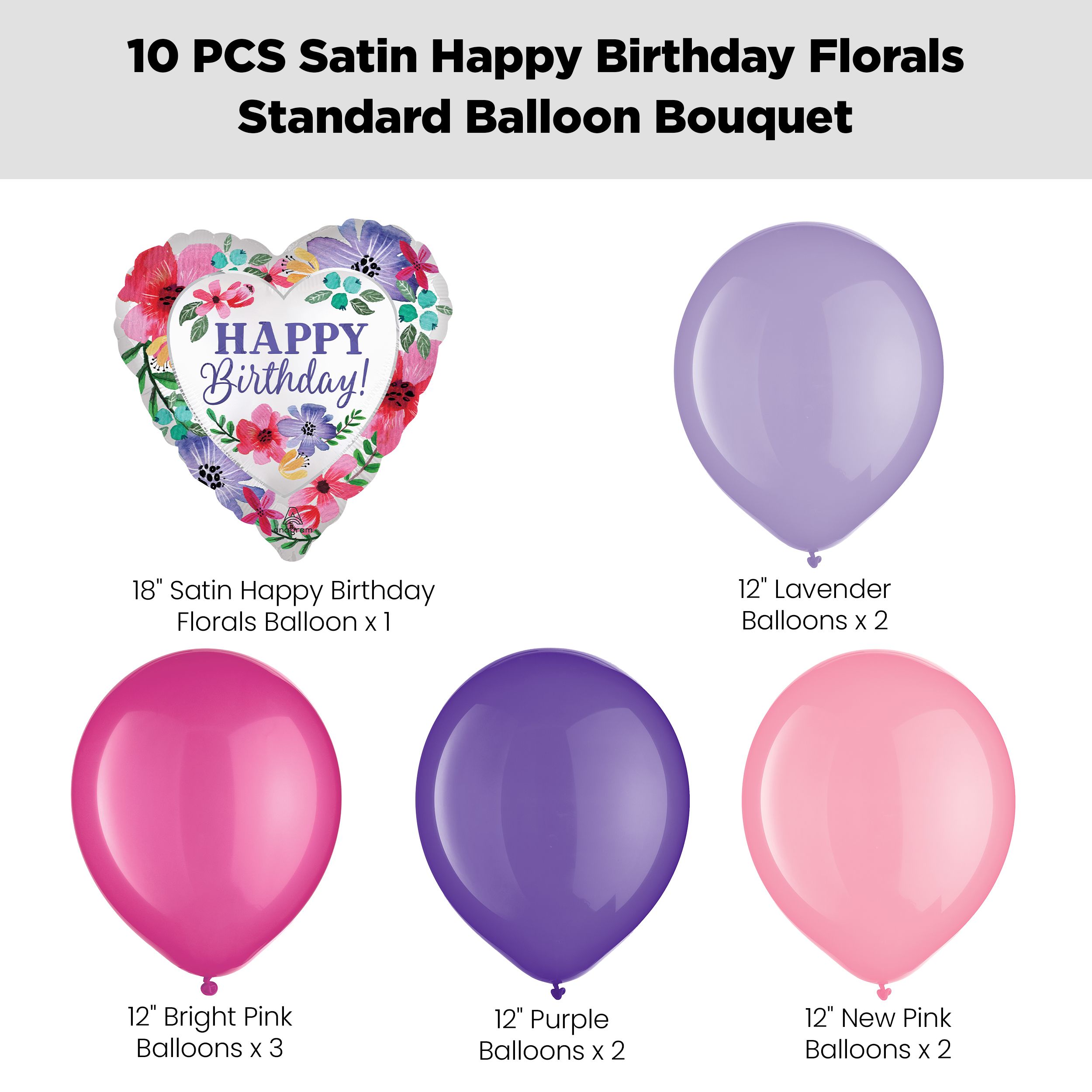 "Happy Birthday!" Satin Floral Balloon Bouquet with Latex Balloons, Lavender/Pink/Purple, 10-pk, Helium Inflation & Ribbon Included Front_Flat