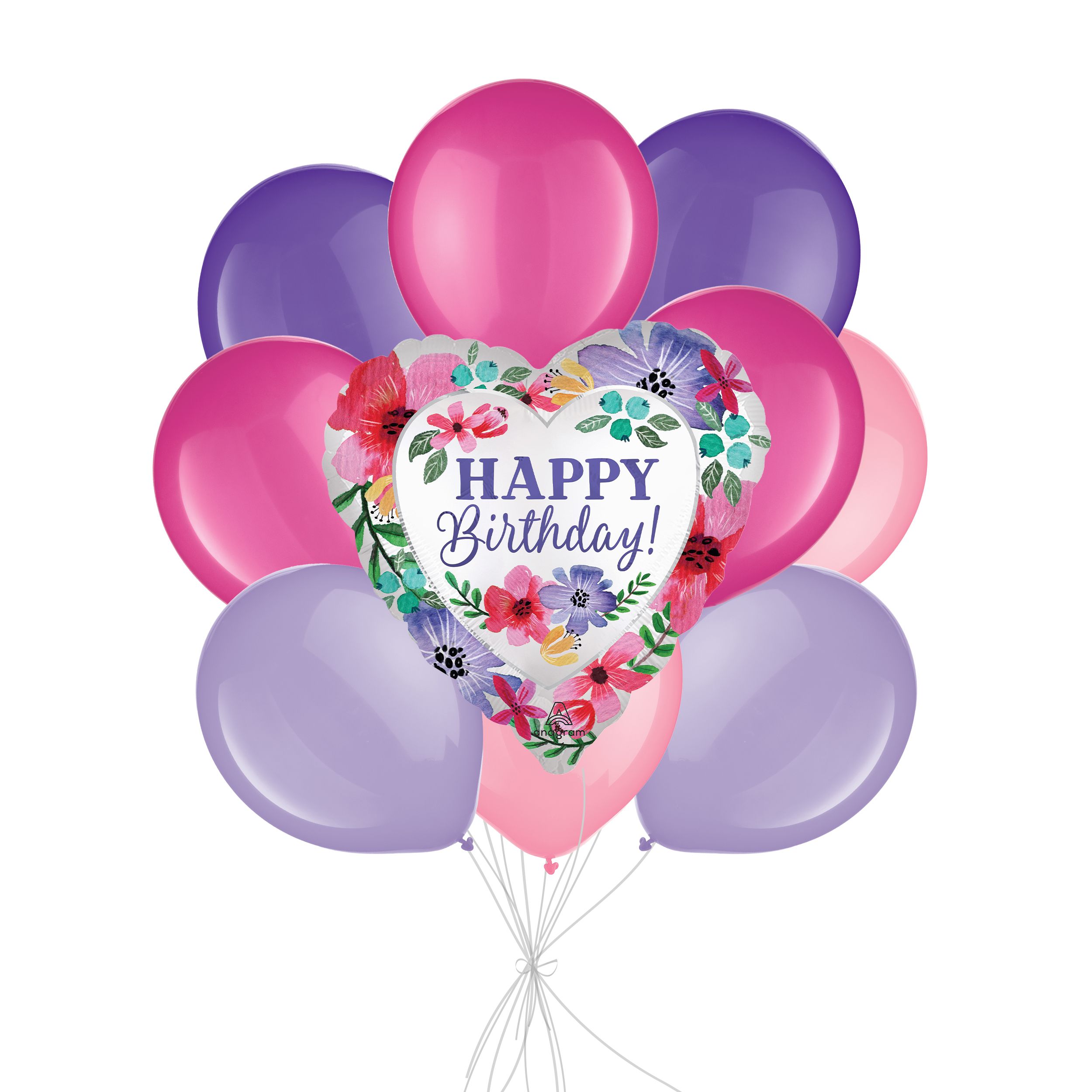 "Happy Birthday!" Satin Floral Balloon Bouquet with Latex Balloons, Lavender/Pink/Purple, 10-pk, Helium Inflation & Ribbon Included Front_Flat