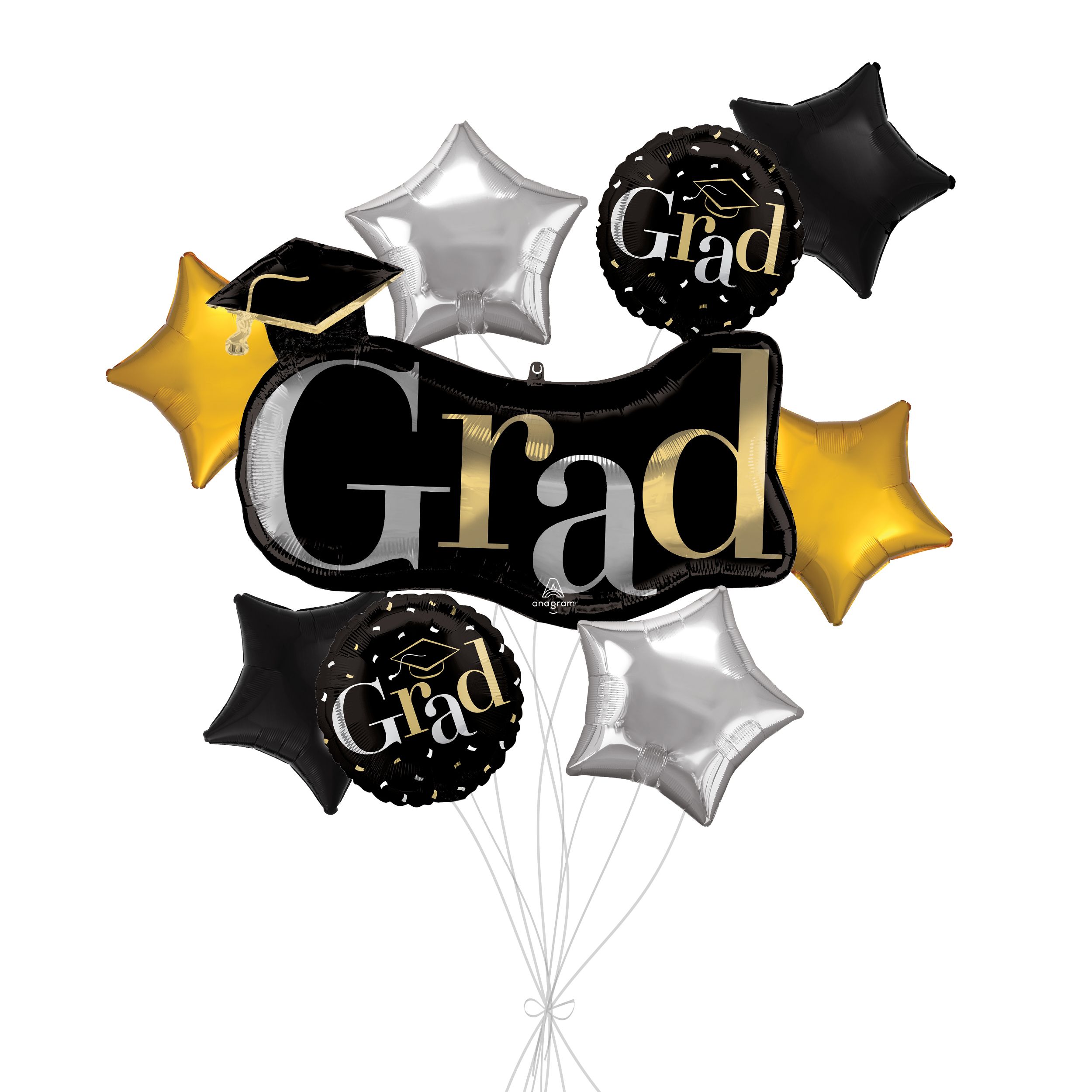 "Grad" Class Dismissed Supershape Balloon Bouquet with Star Foil Balloons, Black/Gold, 9-pk, Helium Inflation & Ribbon Included Front_Flat