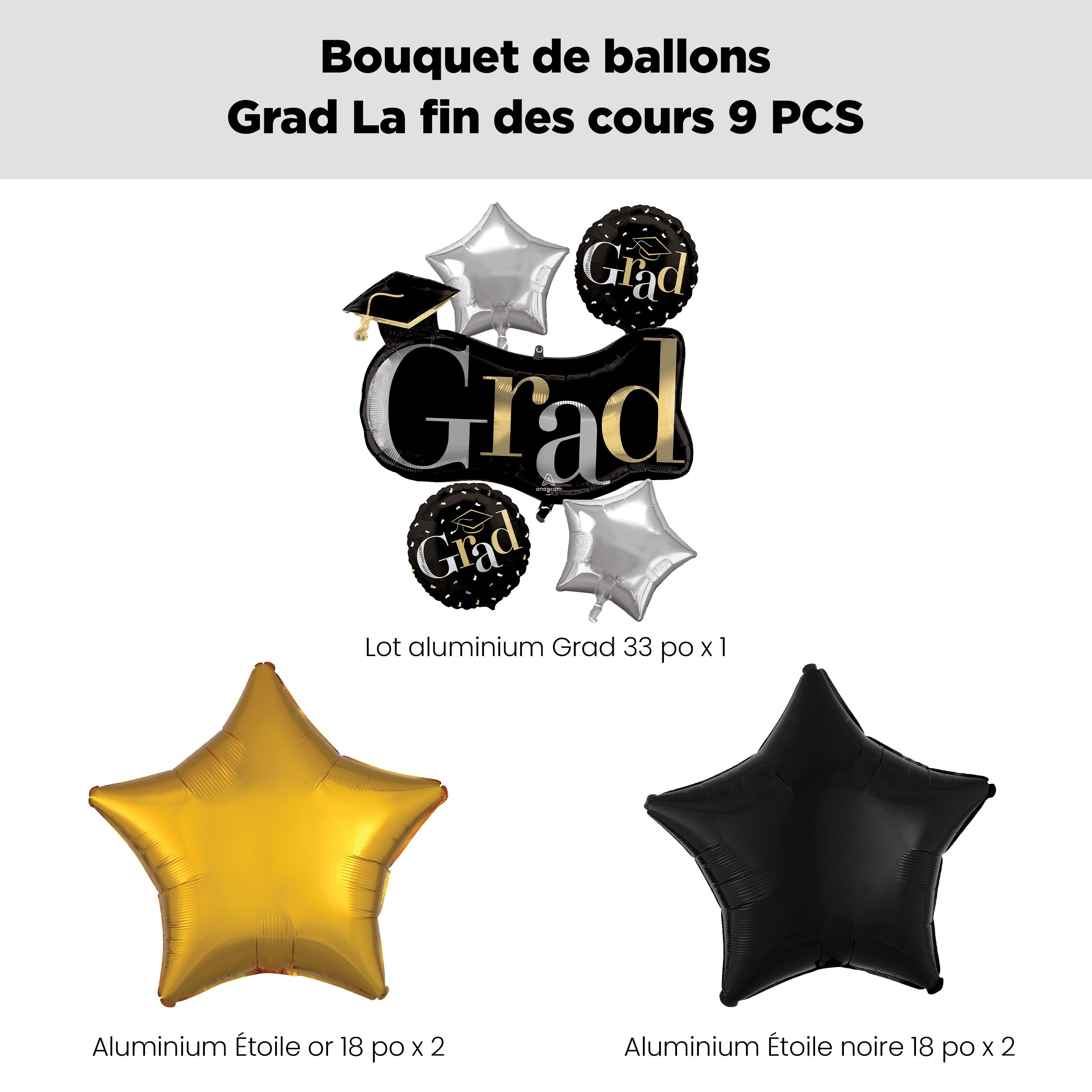 Bouquet de ballons en forme super remise de diplôme «&nbsp;Grad&nbsp;» Class Dismissed avec ballons étoiles en aluminium noirs et dorés, paq. 9, gonflage à l’hélium et ruban inclus Front_Flat