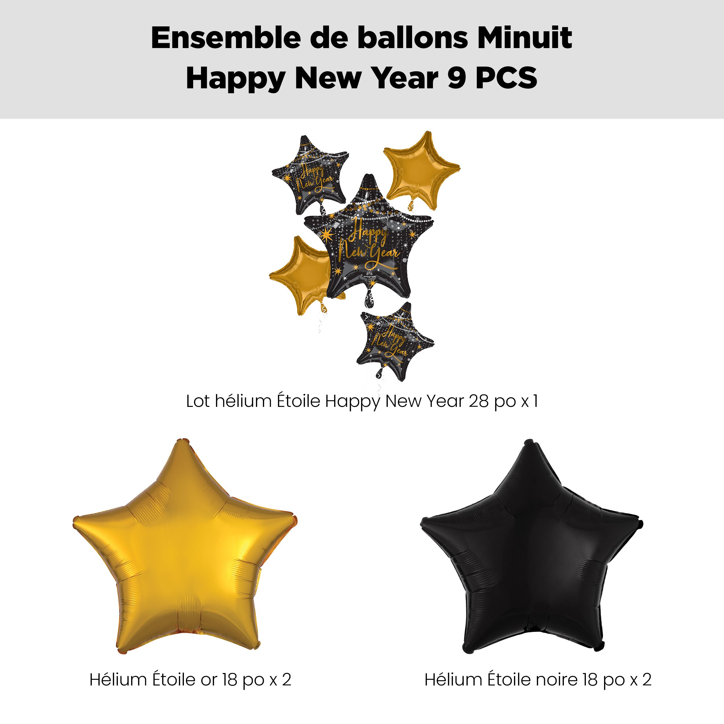 Bouquet de ballons métalliques satinés étoilés Happy New Year avec ballons métalliques étoilés, doré/noir, paq. 9, gonflage à l’hélium et ruban inclus, pour veille du jour de l’An Front_Flat