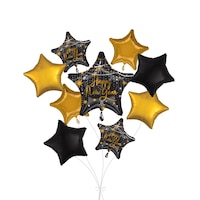 "Happy New Year" Star Satin Foil Balloon Bouquet with Star Foil Balloons, Black/Gold, 9-pk, Helium Inflation & Ribbon Included for New Year's Eve Front_Flat