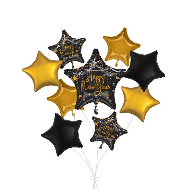 "Happy New Year" Star Satin Foil Balloon Bouquet with Star Foil Balloons, Black/Gold, 9-pk, Helium Inflation & Ribbon Included for New Year's Eve Front_Flat