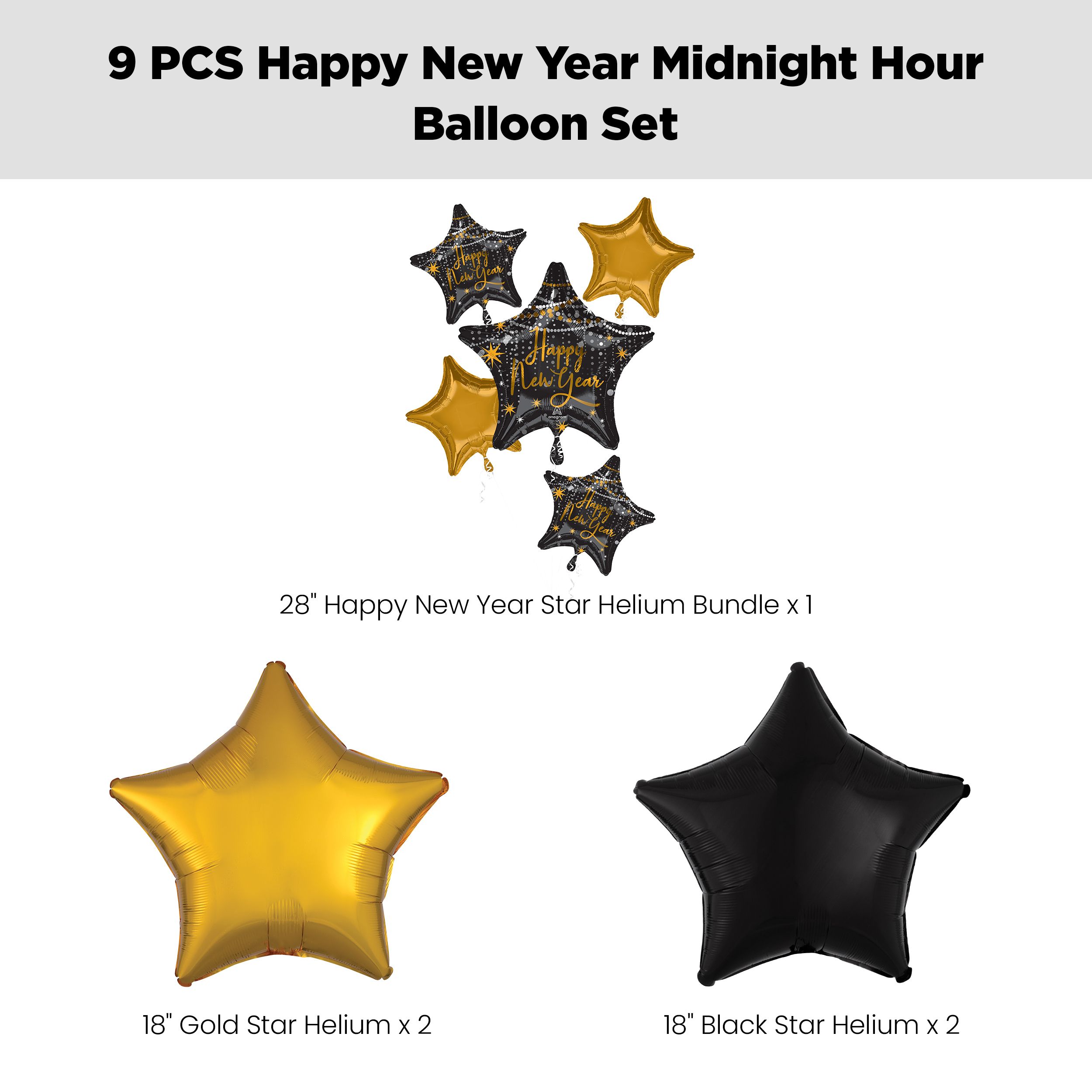 "Happy New Year" Star Satin Foil Balloon Bouquet with Star Foil Balloons, Black/Gold, 9-pk, Helium Inflation & Ribbon Included for New Year's Eve Front_Flat