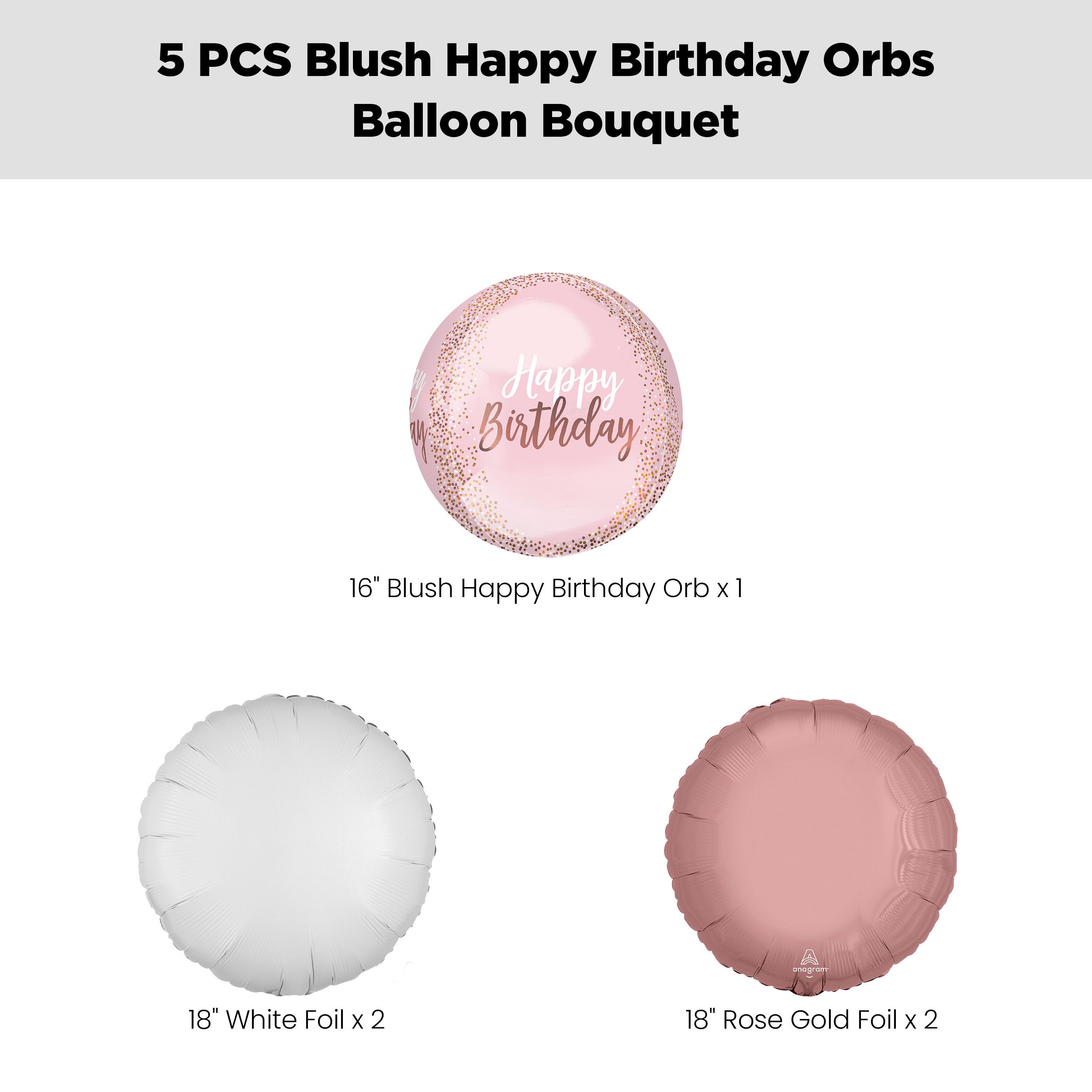 “Happy Birthday” Blush Orbz Balloon Bouquet with Round Foil Balloons, Pink/White, 5-pk, Helium Inflation & Ribbon Included Front_Flat