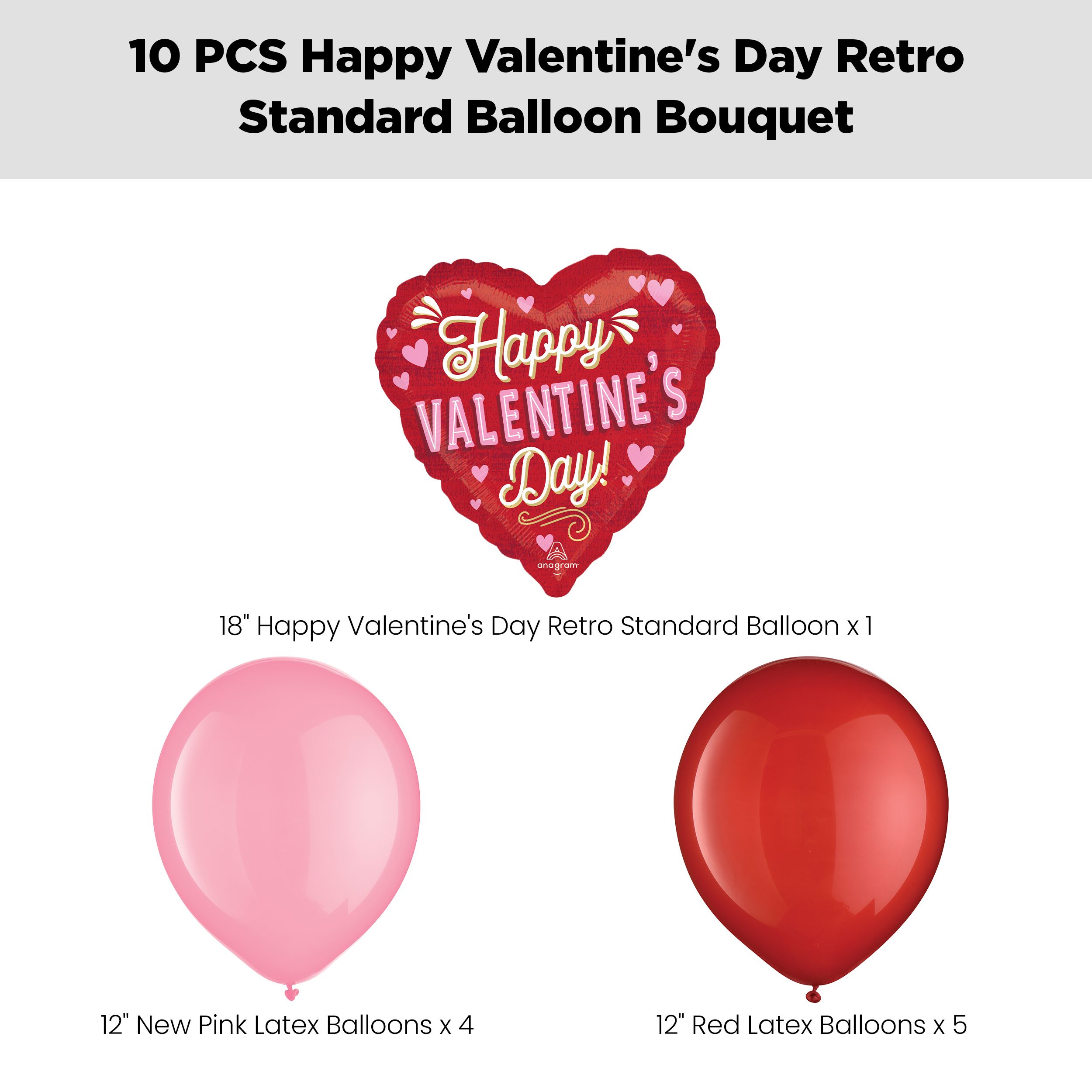 “Happy Valentine's Day!” Retro Balloon Bouquet with Latex Balloons, Red/Pink, 10-pk, Helium Inflation & Ribbon Included Front_Flat