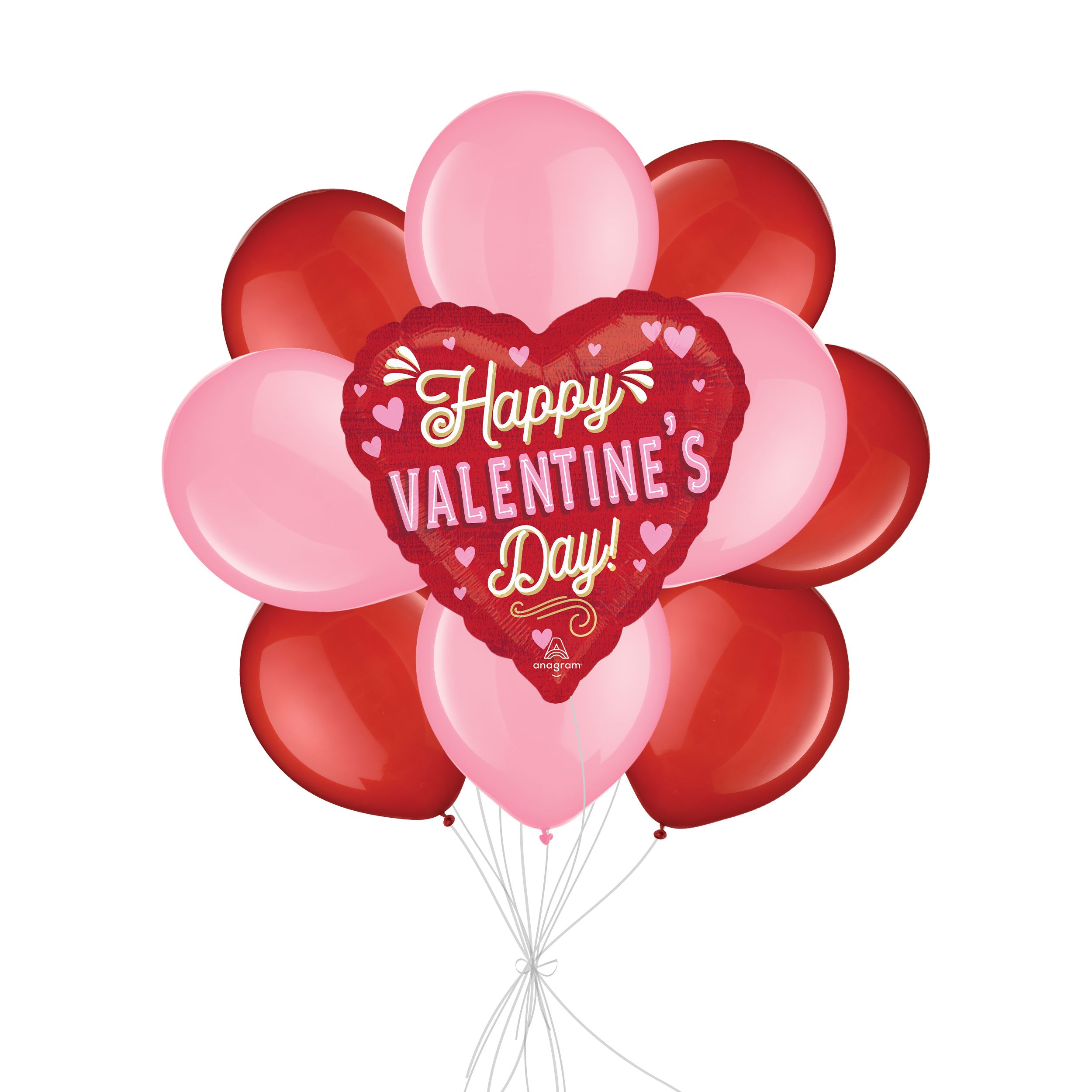 “Happy Valentine's Day!” Retro Balloon Bouquet with Latex Balloons, Red/Pink, 10-pk, Helium Inflation & Ribbon Included Front_Flat