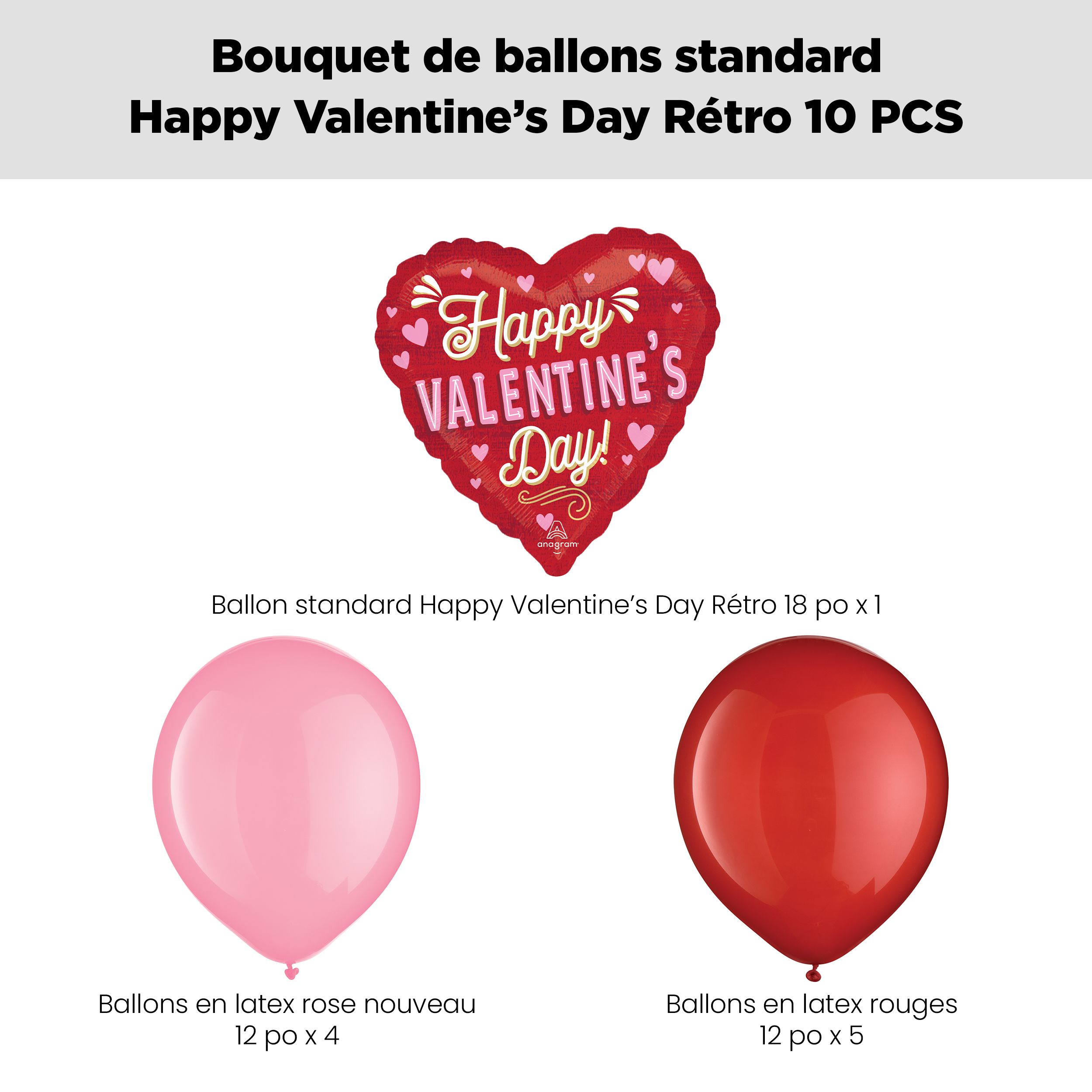 “Happy Valentine's Day!” Retro Balloon Bouquet with Latex Balloons, Red/Pink, 10-pk, Helium Inflation & Ribbon Included Front_Flat