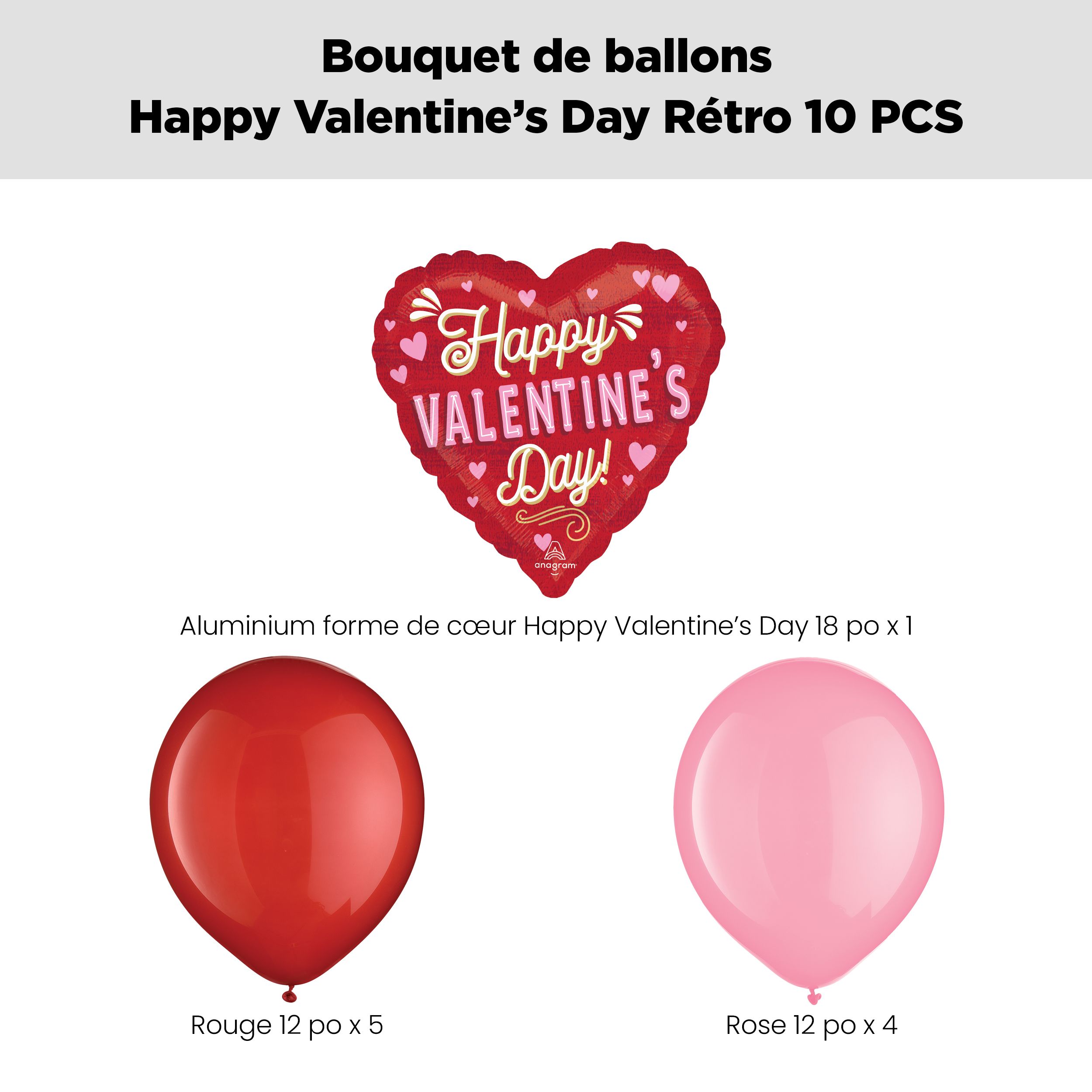 Bouquet de ballons Happy Valentine's Day! rétro avec ballons en latex, rouge/rose, paq. 10, gonflage à l'hélium et ruban inclus Front_Flat