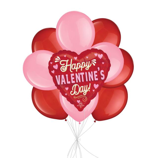 “Happy Valentine's Day!” Retro Balloon Bouquet with Latex Balloons, Red/Pink, 10-pk, Helium Inflation & Ribbon Included Front_Flat