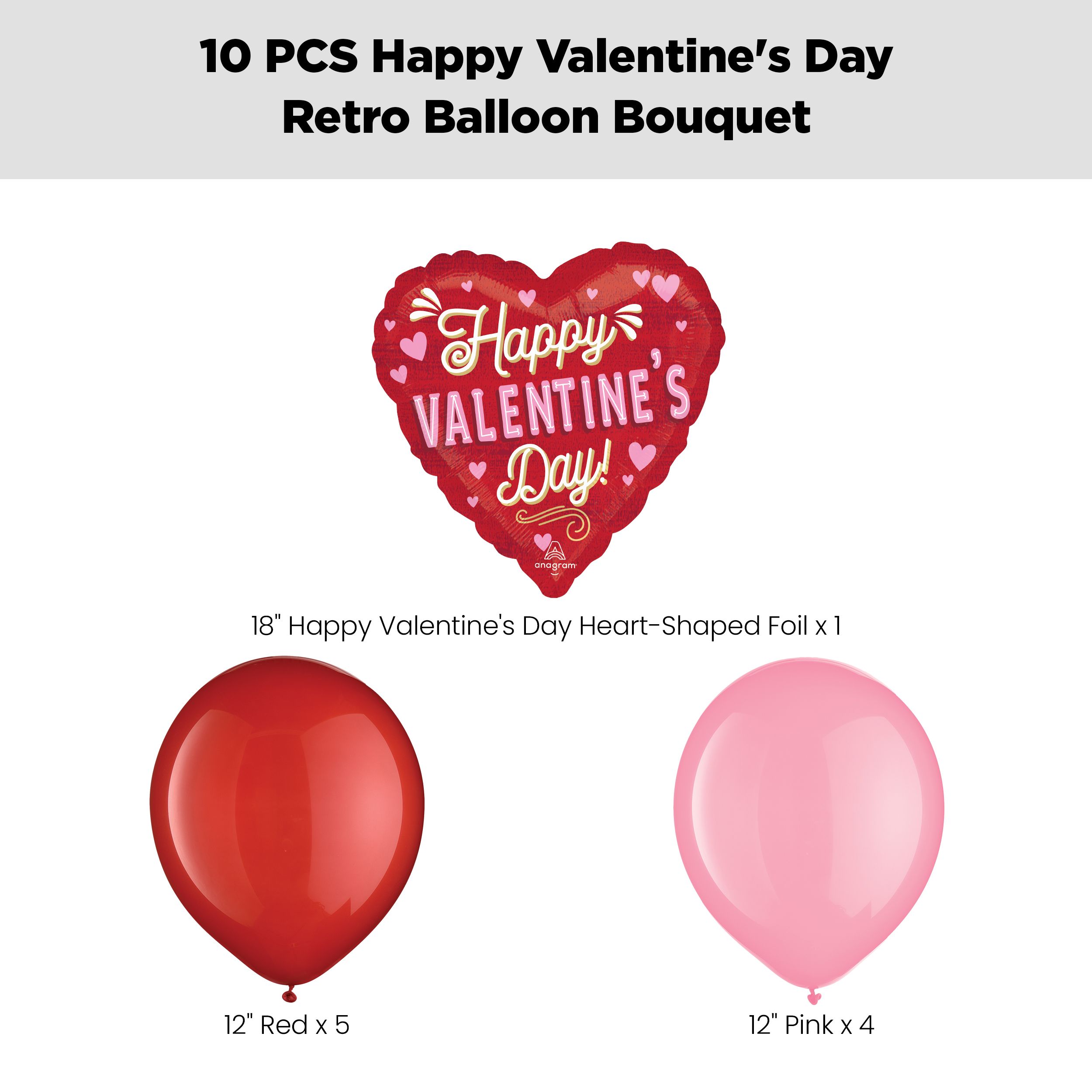 “Happy Valentine's Day!” Retro Balloon Bouquet with Latex Balloons, Red/Pink, 10-pk, Helium Inflation & Ribbon Included Front_Flat