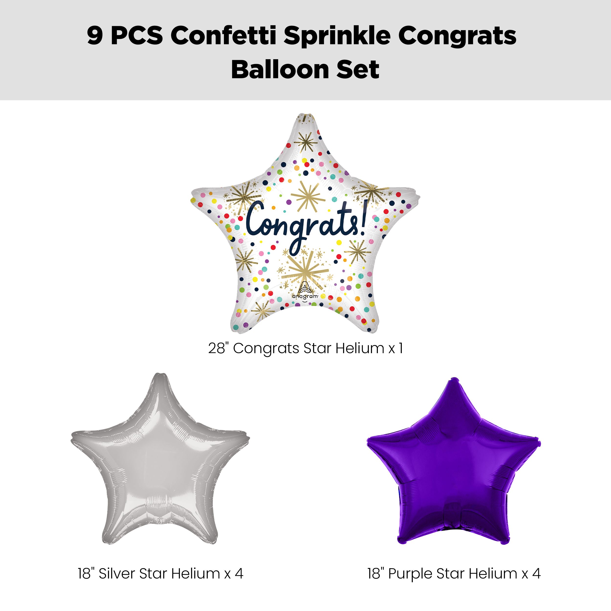 "Congrats" Star Confetti Sprinkle Polka Dot Satin Foil Balloon Bouquet with Star Foil Balloons, Multi-Coloured, 9-pk, Helium Inflation & Ribbon Included Front_Flat
