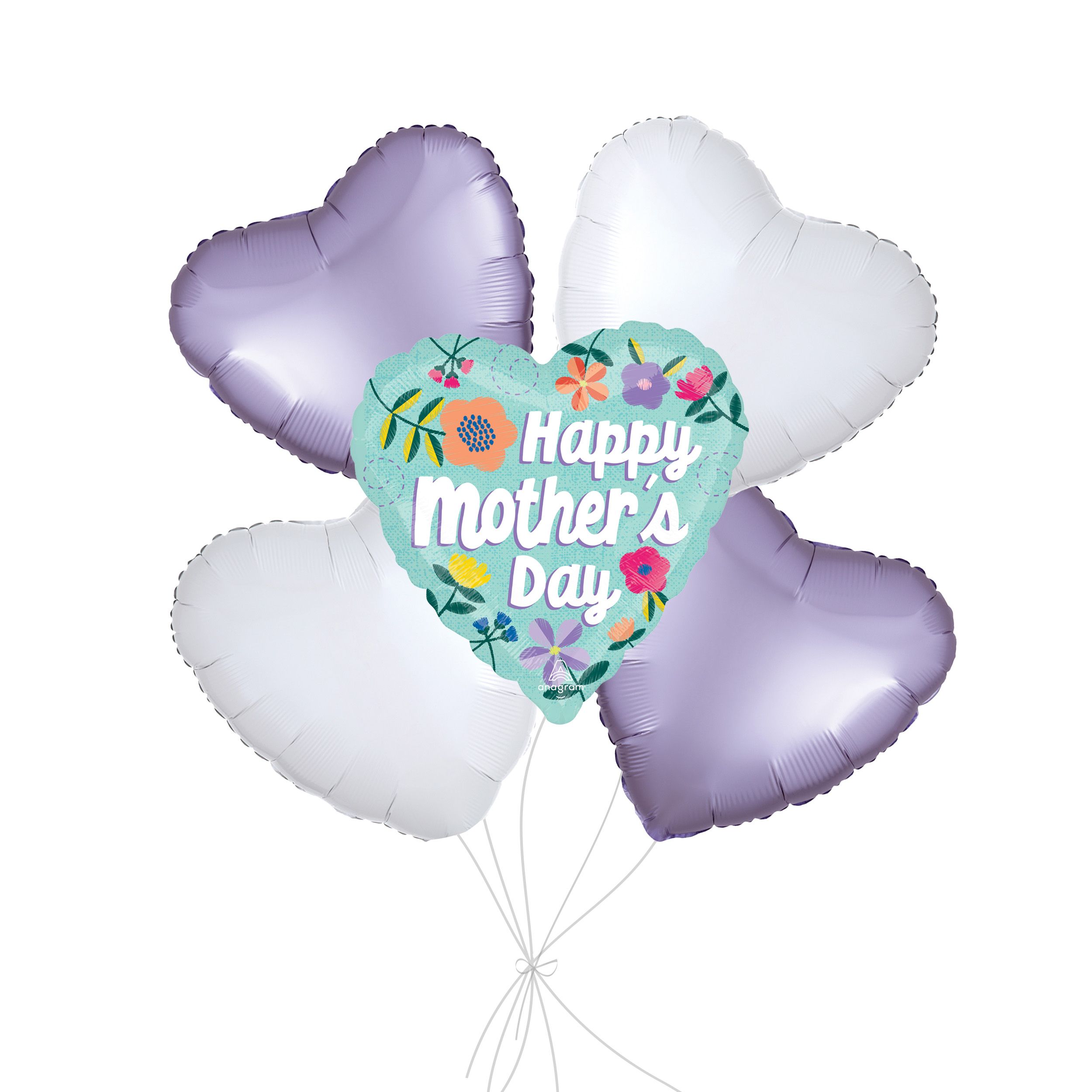 Bouquet de ballons Happy Mother’s Day avec ballons en aluminium en forme de cœur Threaded Love, blanc/lilas, paq. 5, gonflage à l’hélium et ruban compris Front_Flat