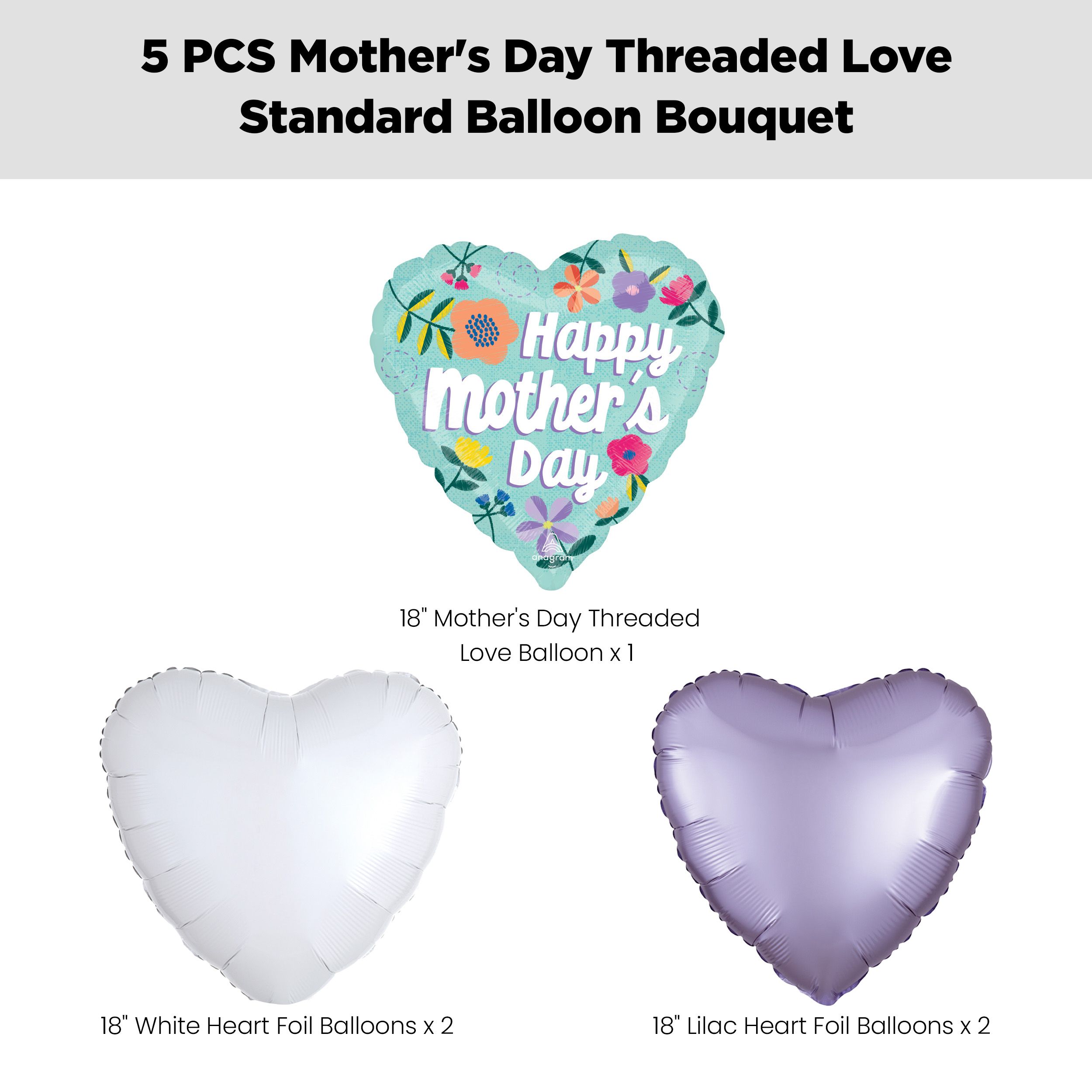 “Happy Mother’s Day” Threaded Love Balloon Bouquet with Heart Foil Balloons, White/Lilac, 5-pk, Helium Inflation & Ribbon Included Front_Flat