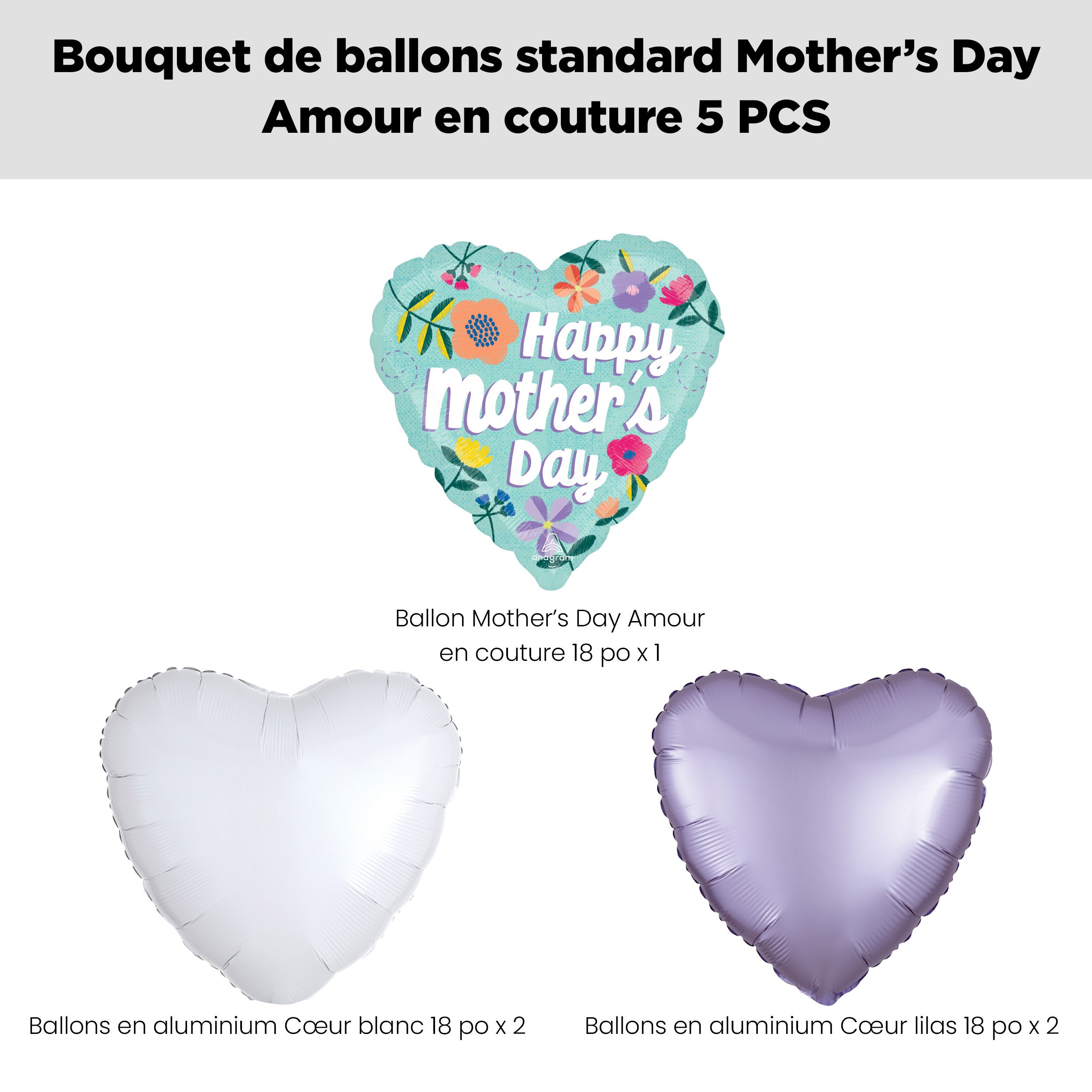 Bouquet de ballons Happy Mother’s Day avec ballons en aluminium en forme de cœur Threaded Love, blanc/lilas, paq. 5, gonflage à l’hélium et ruban compris Front_Flat