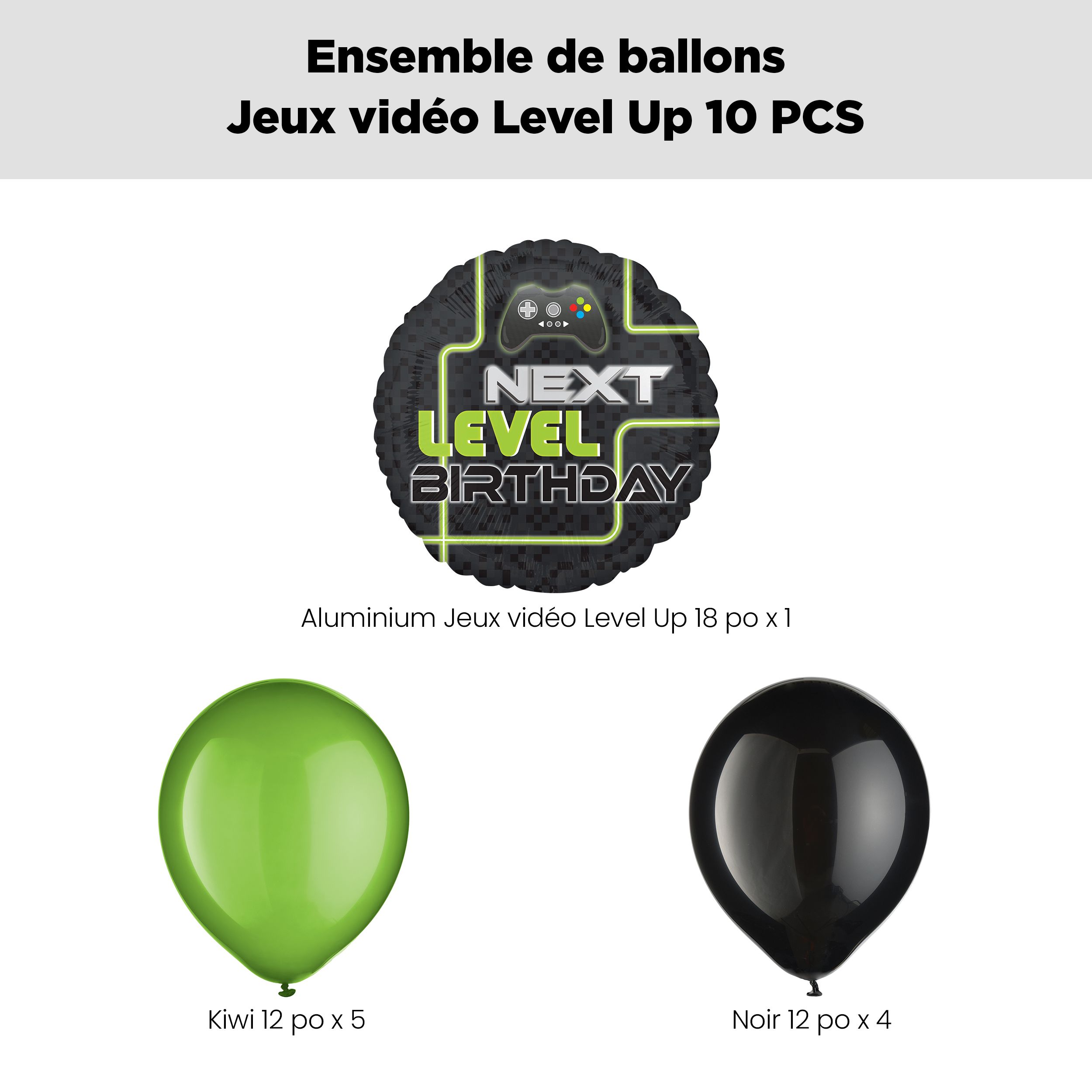 Bouquet de ballon jeux vidéo Next Level Birthday avec ballons en latex kiwi et noirs, 10 pièces, gonflement à l’hélium et ruban inclus, pour fête d’anniversaire d’enfant Front_Flat