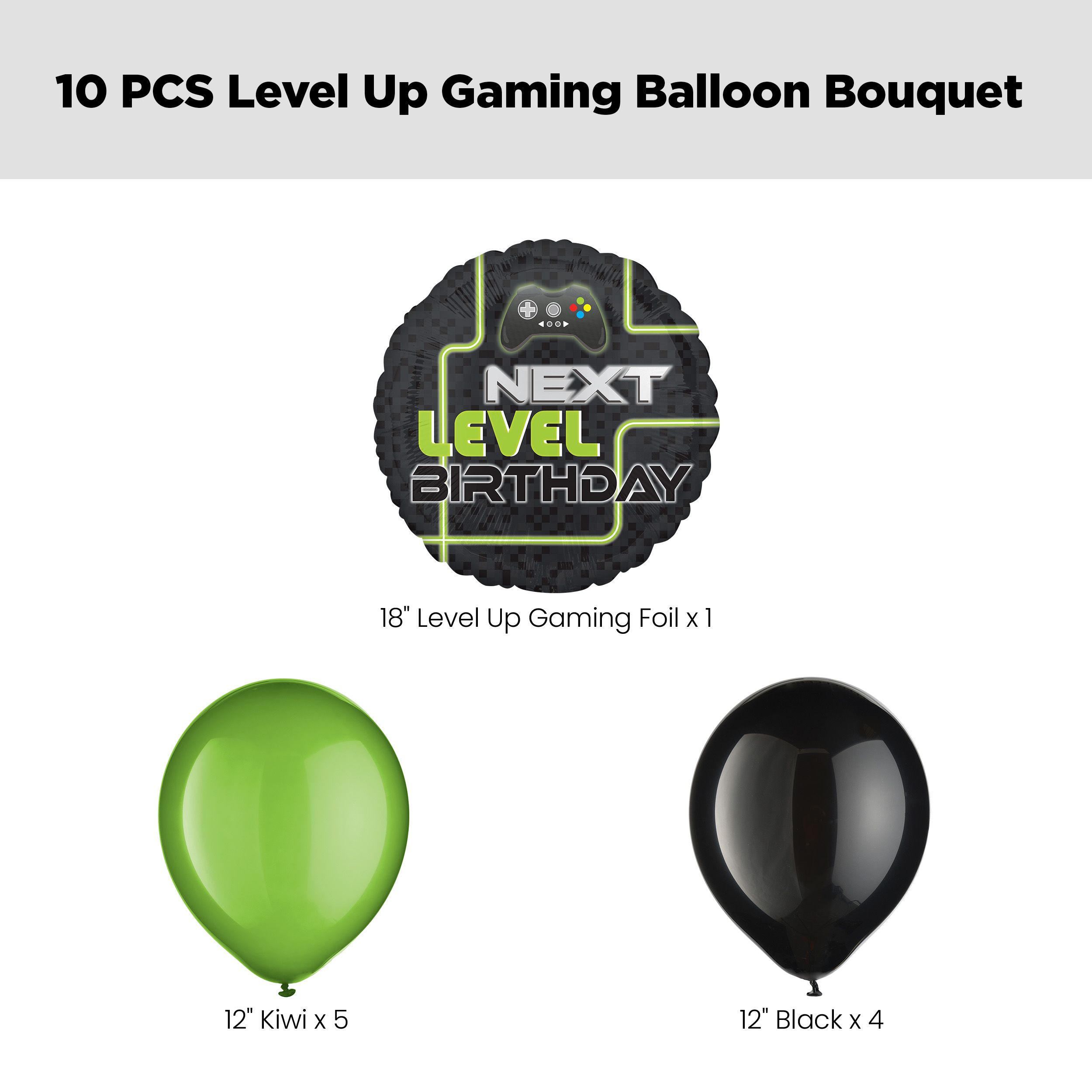 “Next Level Birthday" Video Game Balloon Bouquet with Latex Balloons, Black/Kiwi, 10-pk, Helium Inflation & Ribbon Included for Kids’ Birthday Front_Flat