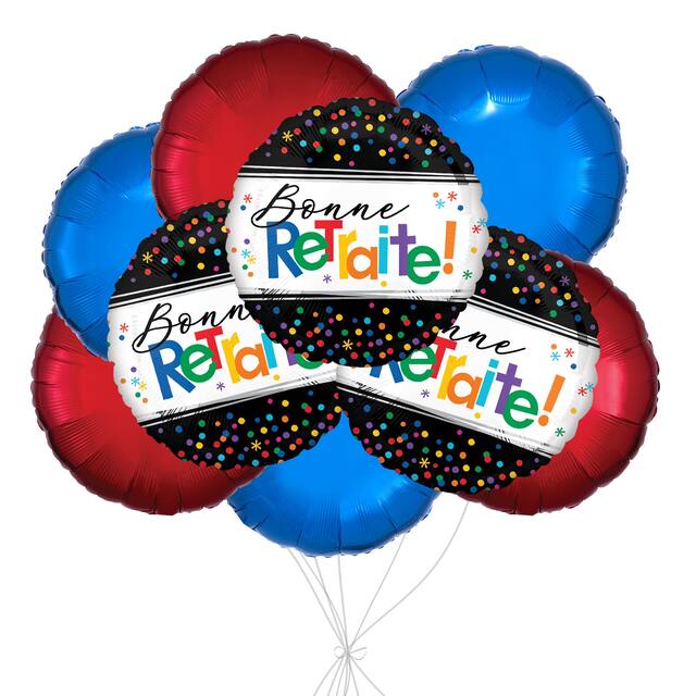 Bouquet de ballons métalliques satinés ronds Bonne retraite avec ballons métalliques, multicolore, paq. 9, gonflage à l’hélium et ruban inclus, pour départ à la retraite Front_Flat