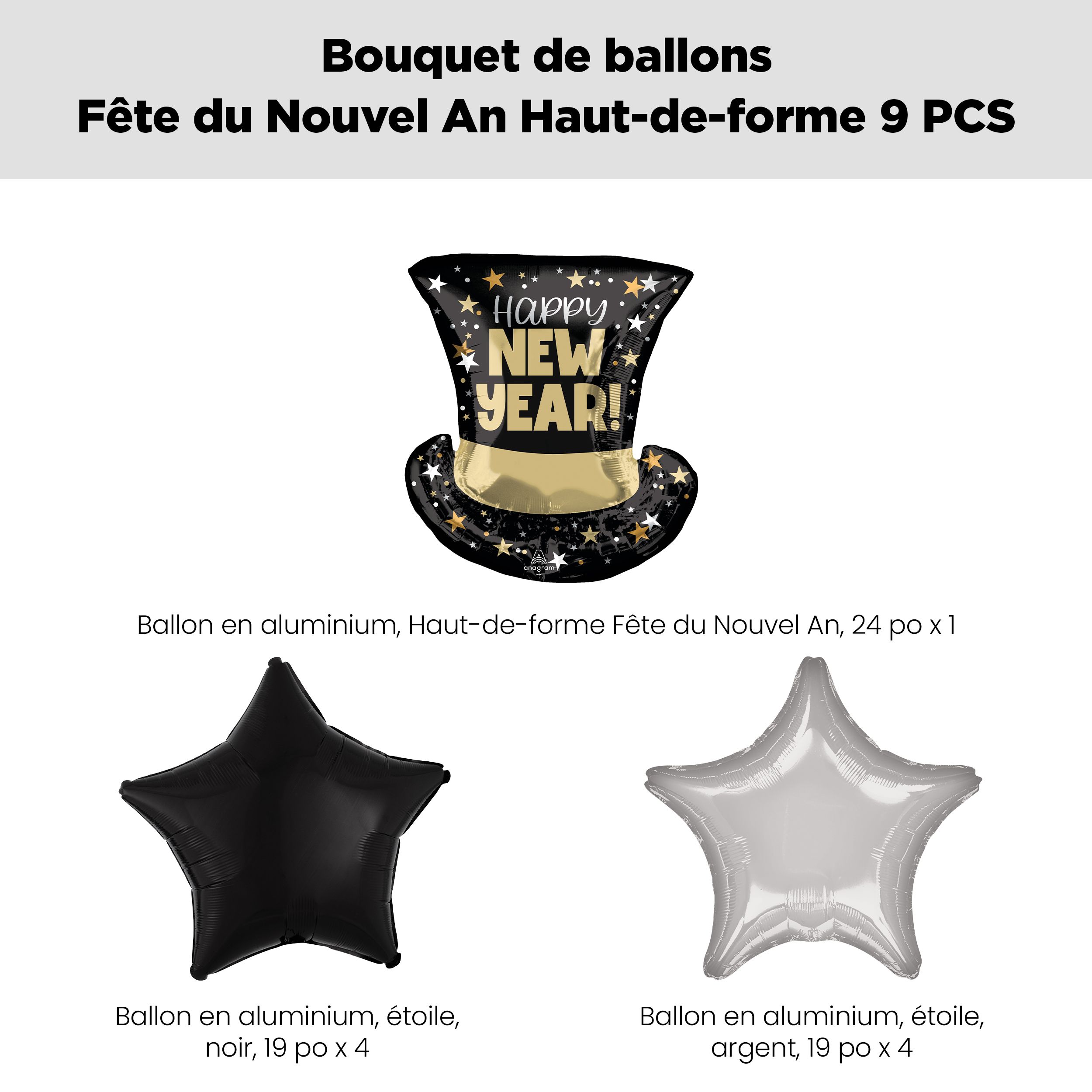 Happy New Year! Bouquet de ballon de forme extraordinaire chapeau haut de forme avec ballons en aluminium en forme d'étoile, noir/argenté, 9 pièces, gonflage à l'hélium et ruban inclus Front_Flat