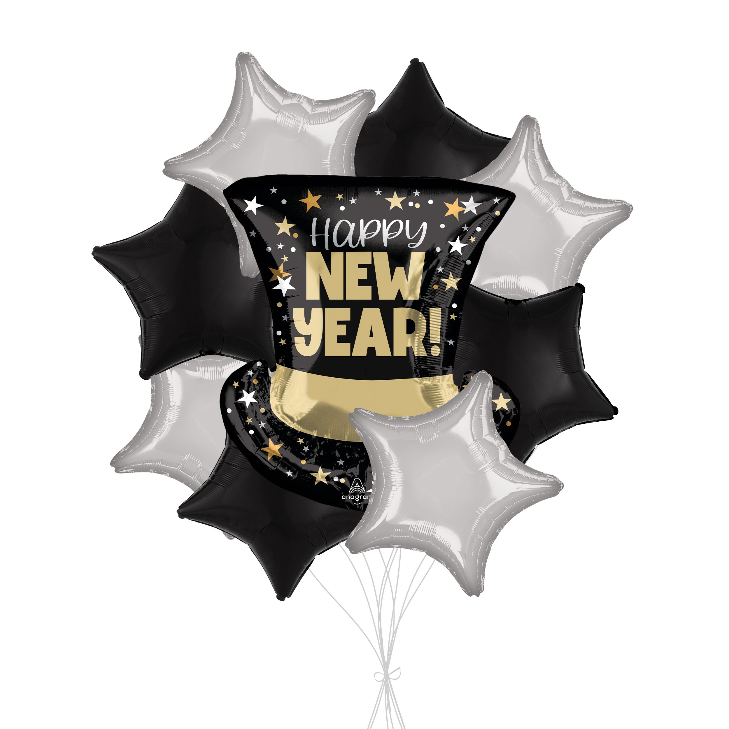 "Happy New Year!" Top Hat Bash Supershape Balloon Bouquet with Star Foil Balloons, Black/Silver, 9-pk, Helium Inflation & Ribbon Included Front_Flat