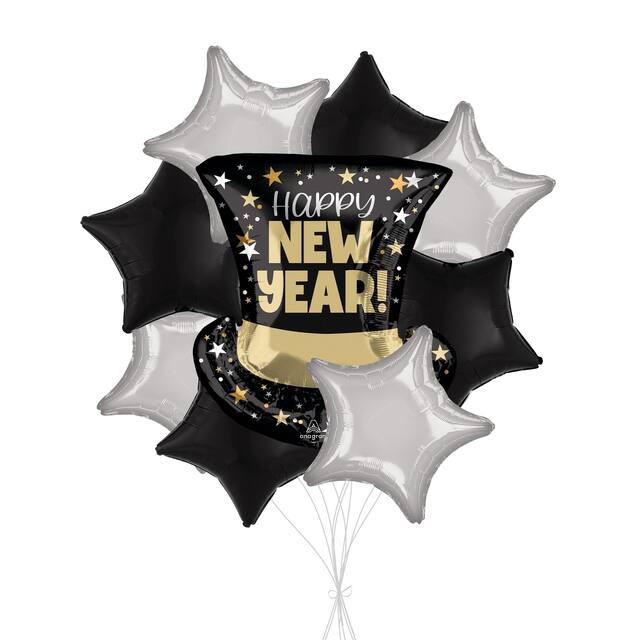 Happy New Year! Bouquet de ballon de forme extraordinaire chapeau haut de forme avec ballons en aluminium en forme d'étoile, noir/argenté, 9 pièces, gonflage à l'hélium et ruban inclus Front_Flat