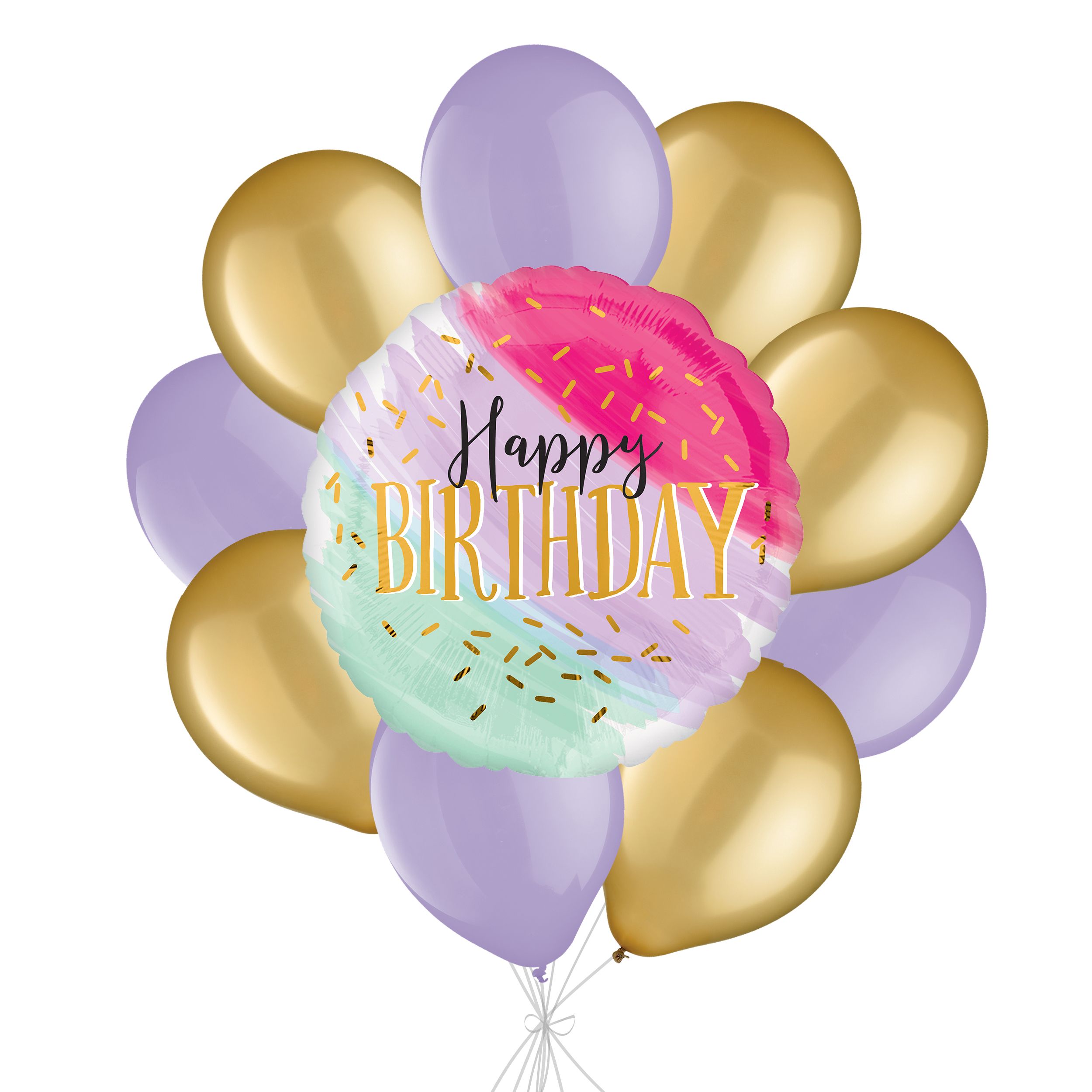 Bouquet de ballons aquarelle Happy Birthday avec ballons en latex dorés et lavande, paq. 10, gonflage à l'hélium et ruban inclus Front_Flat