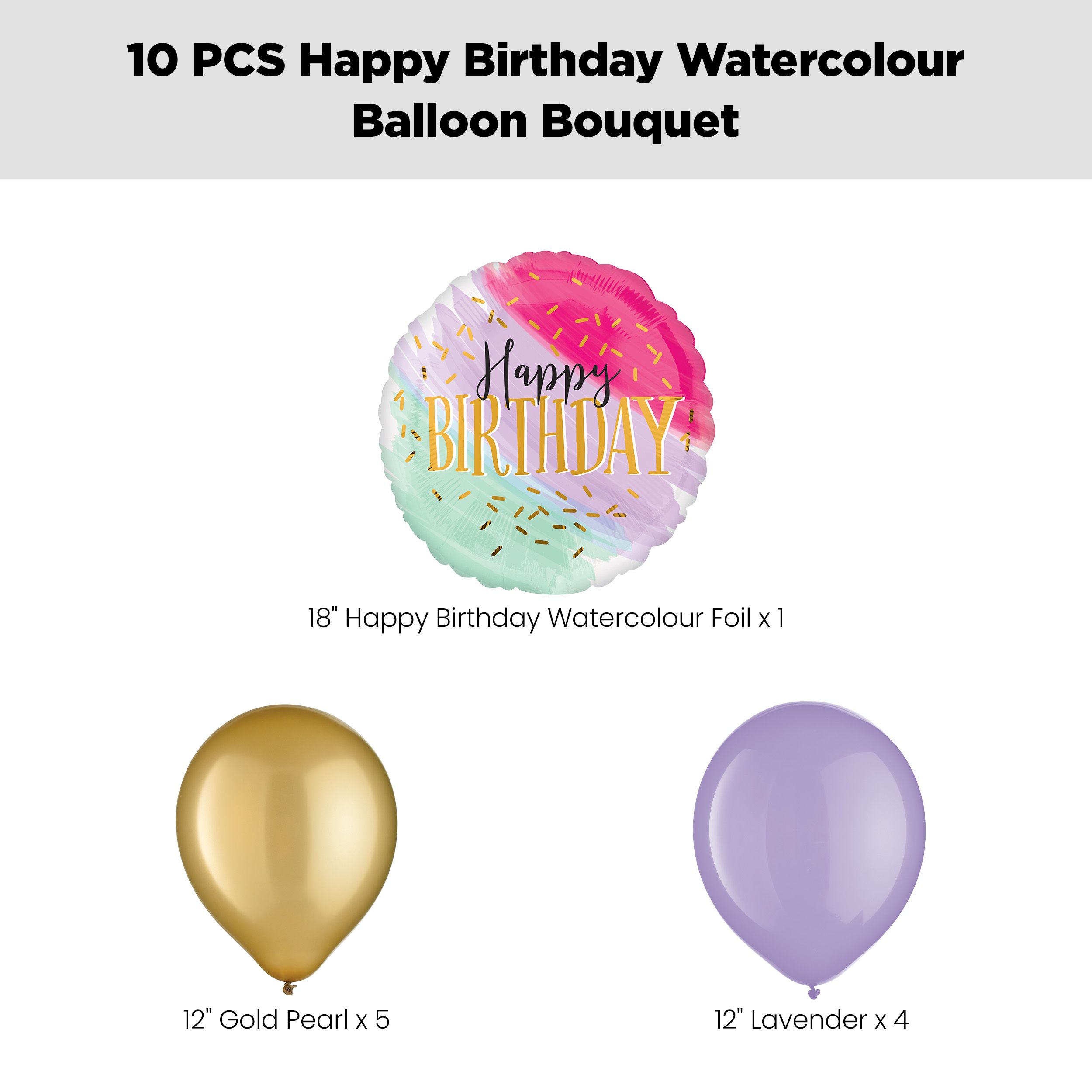 “Happy Birthday” Watercolour Balloon Bouquet with Latex Balloons, Gold/Lavender, 10-pk, Helium Inflation & Ribbon Included Front_Flat