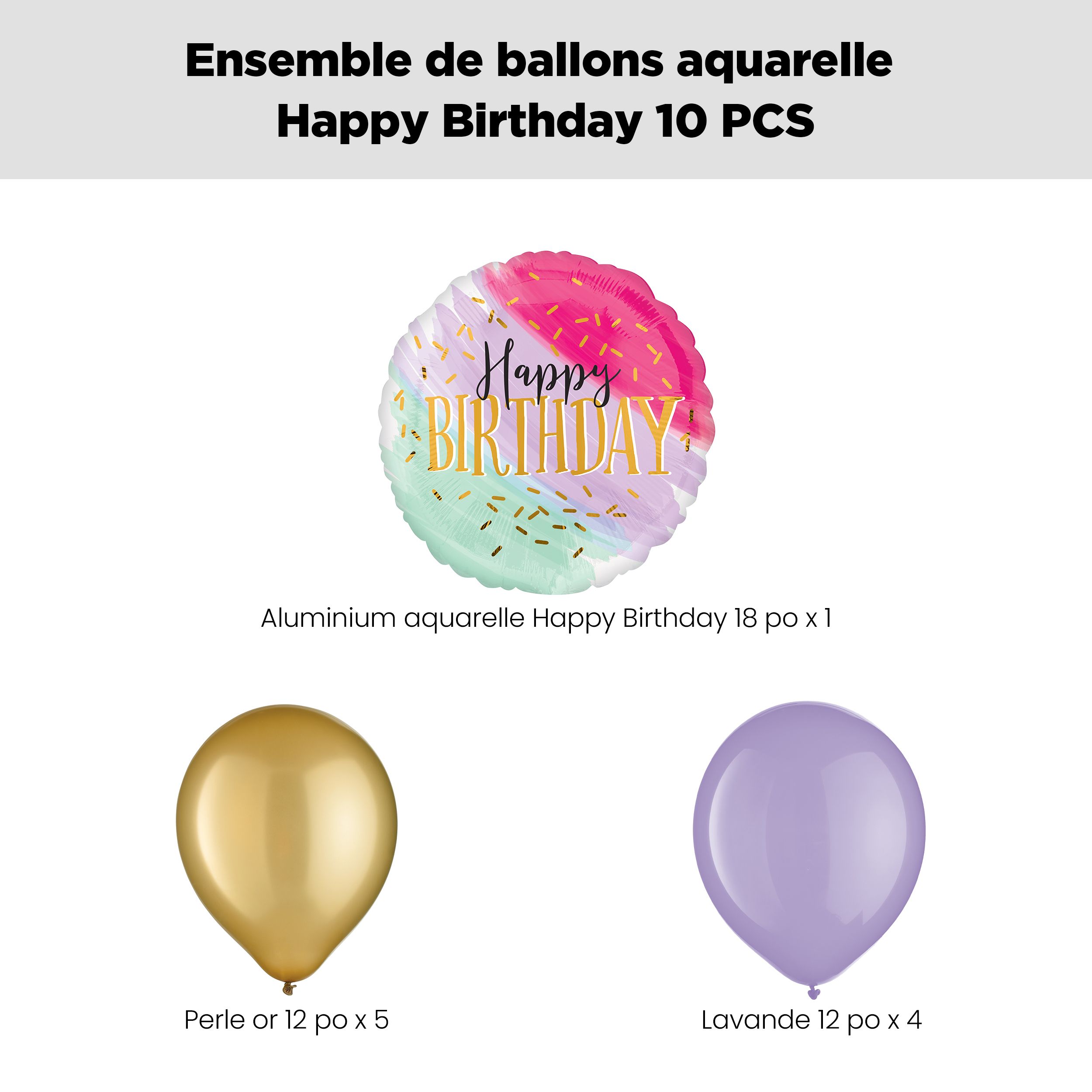 Bouquet de ballons aquarelle Happy Birthday avec ballons en latex dorés et lavande, paq. 10, gonflage à l'hélium et ruban inclus Front_Flat