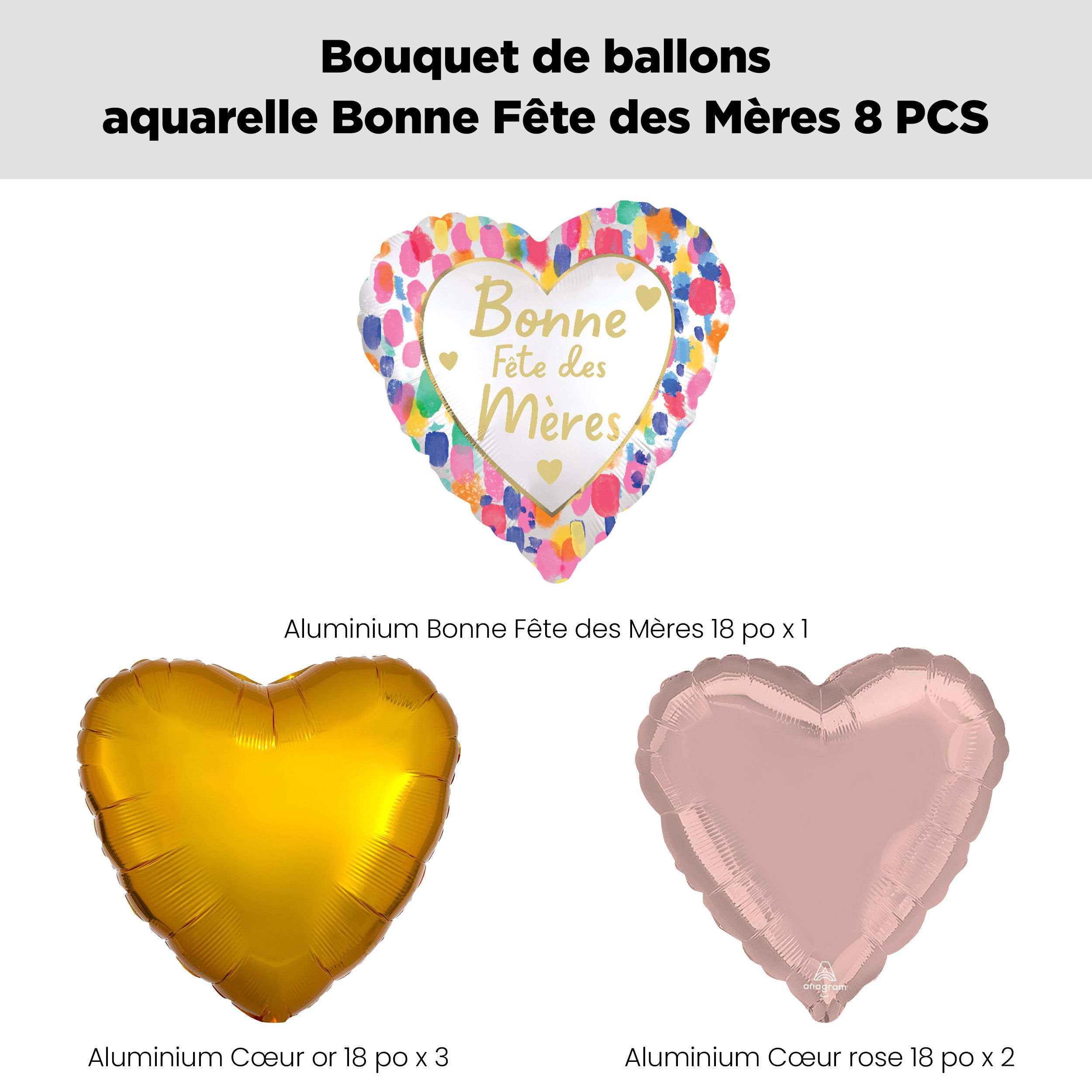 Bouquet de ballons aquarelle français «&nbsp;Bonne Fête des Mères&nbsp;» avec ballons en aluminium en forme de cœur roses et dorés, paq. 8, gonflage à l’hélium et ruban inclus Front_Flat