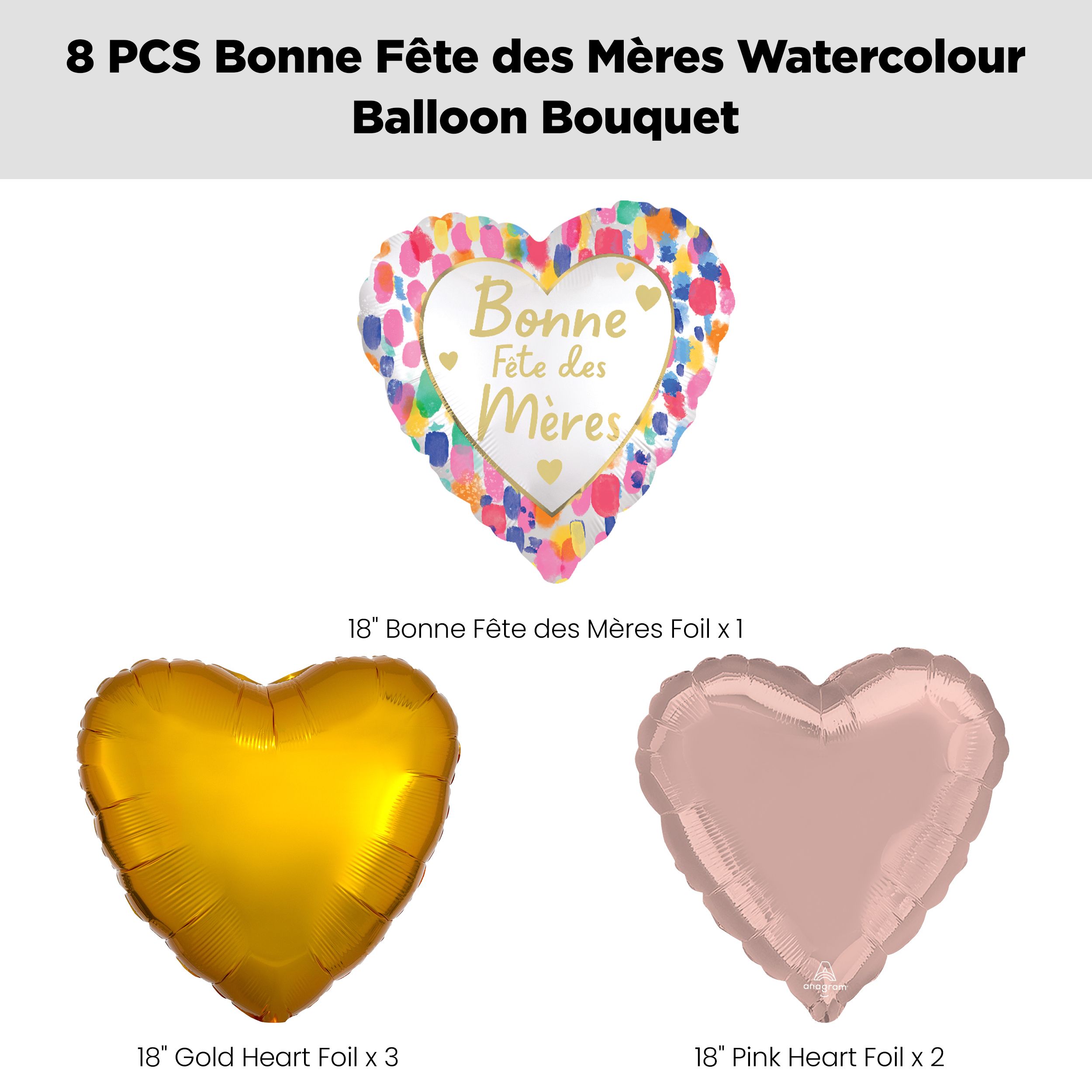 “Bonne Fête des Mères” French Happy Mother's Day Watercolour Balloon Bouquet with Heart Foil Balloons, Pink/Gold, 8-pk, Helium Inflation & Ribbon Included Front_Flat