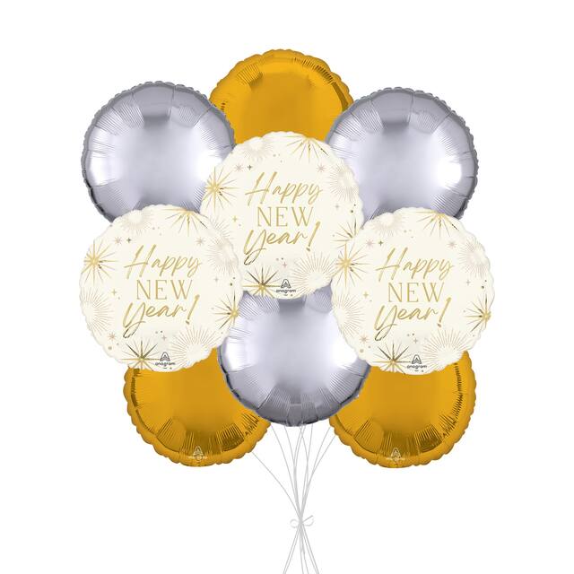 "Happy New Year!" Golden Soiree Balloon Bouquet with Round Foil Balloons, Silver/Gold, 9-pk, Helium Inflation & Ribbon Included Front_Flat